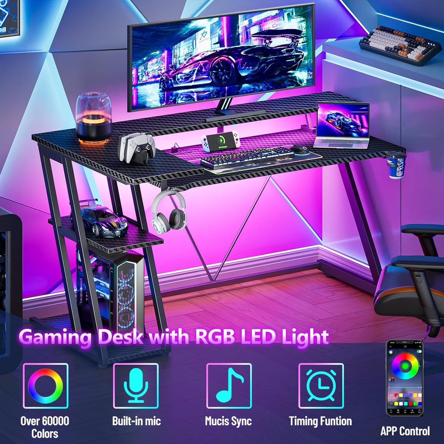 55 Inch Gaming Desk with Power Outlet & LED Lights, L Shaped Gamer Computer Table with Storage Shelves for Bedroom, Corner Home Office Desk, Carbon Fiber Black