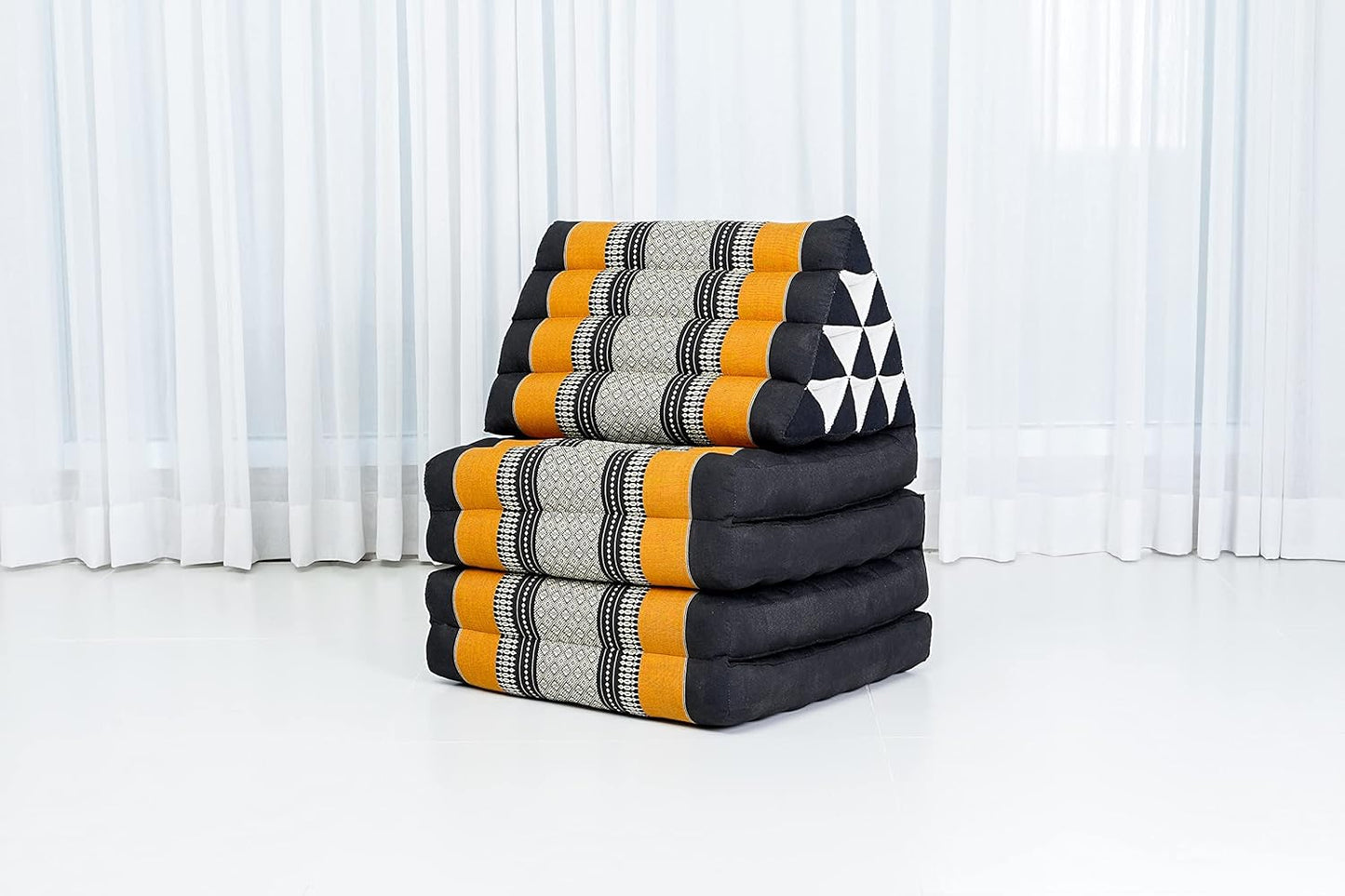 Leewadee Comfortable Japanese Floor Mattress - Thai Floor Bed with Triangle Cushion - Futon Mattress - XL Extra Long Thai Massage Mat, 89 x 20 inches, Black Orange, Kapok Filling