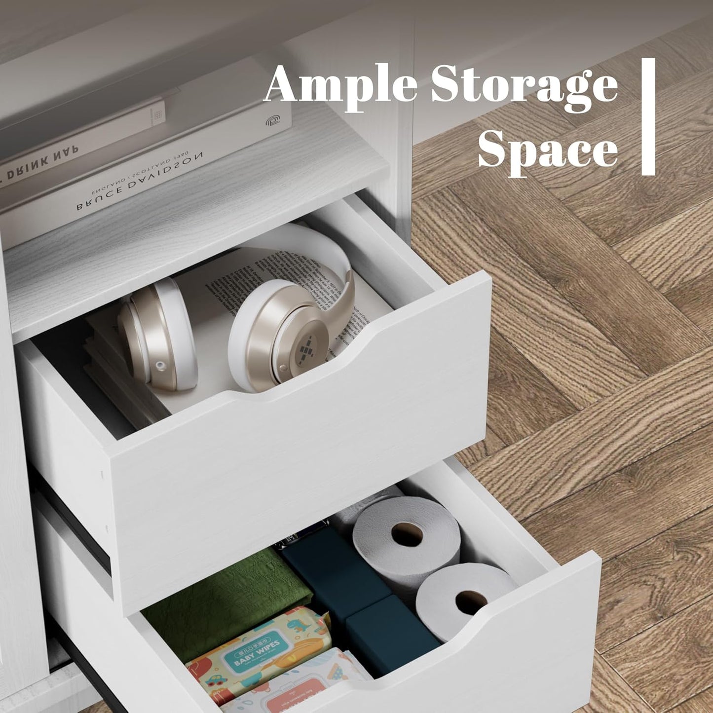 YESHOMY TV Stand for Televisions up to 65 Inchs, with Sliding Barn Doors and 4 Storage Drawers, Console Table and Media Furniture for Living Room, 58 Inch, Milk White