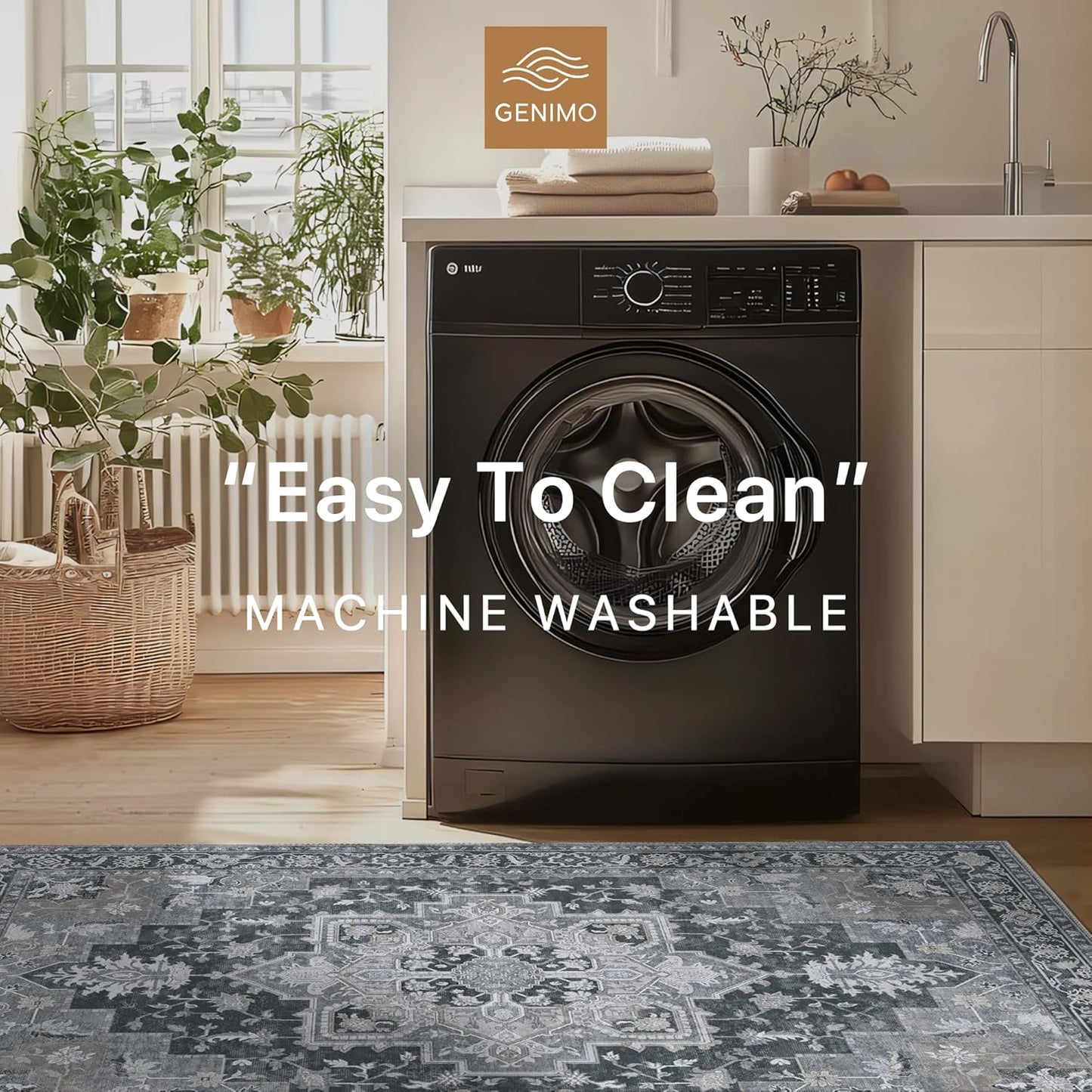 GENIMO 2x12 Runner Rugs for Hallway, Machine Washable Non Slip Vintage Rugs, Low Pile Lightweight Soft Print Rug for enrtyway, Corridor, Home Office, Kitchen,Dark Gray