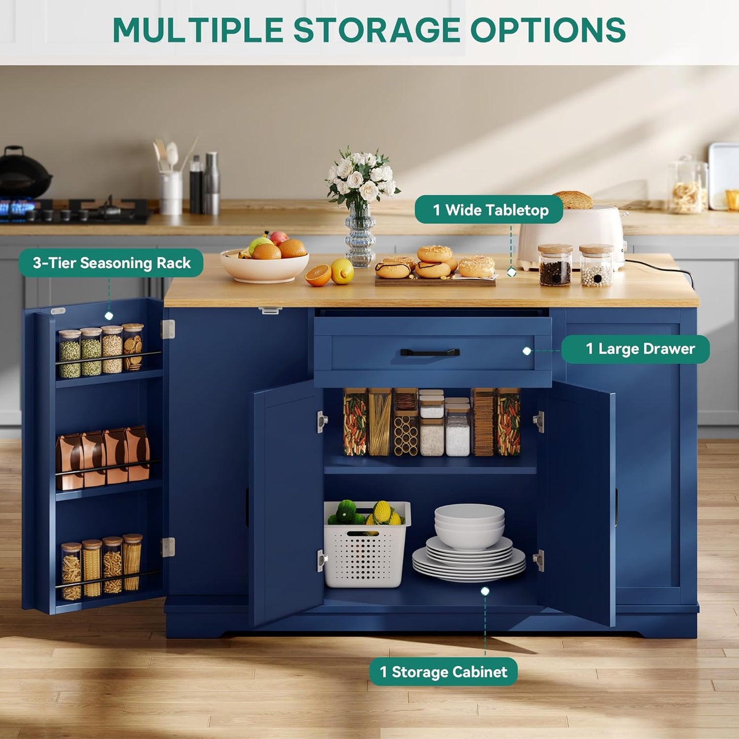 YITAHOME 50" Kitchen Island with Power Outlet & Drop Leaf, Rolling Island Cart with Trash Can Cabinet, Mobile Storage Islands with Microwave Rack, Door Storage Spice Rack, Navy Blue