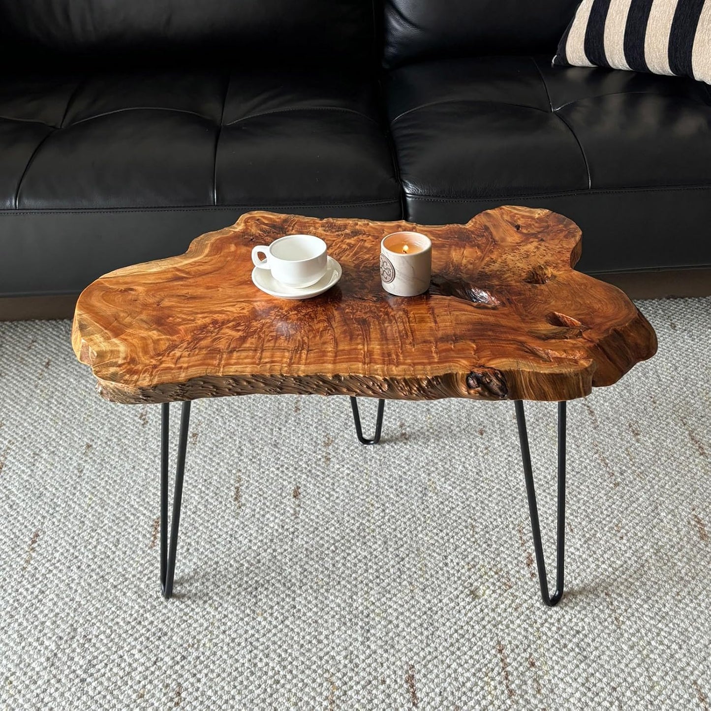 Live Edge Coffee Table, Natural Wood Coffee Table for Living Room, Natural Fir Unique Desktop with Metal Hairpin Legs (Plus Size)