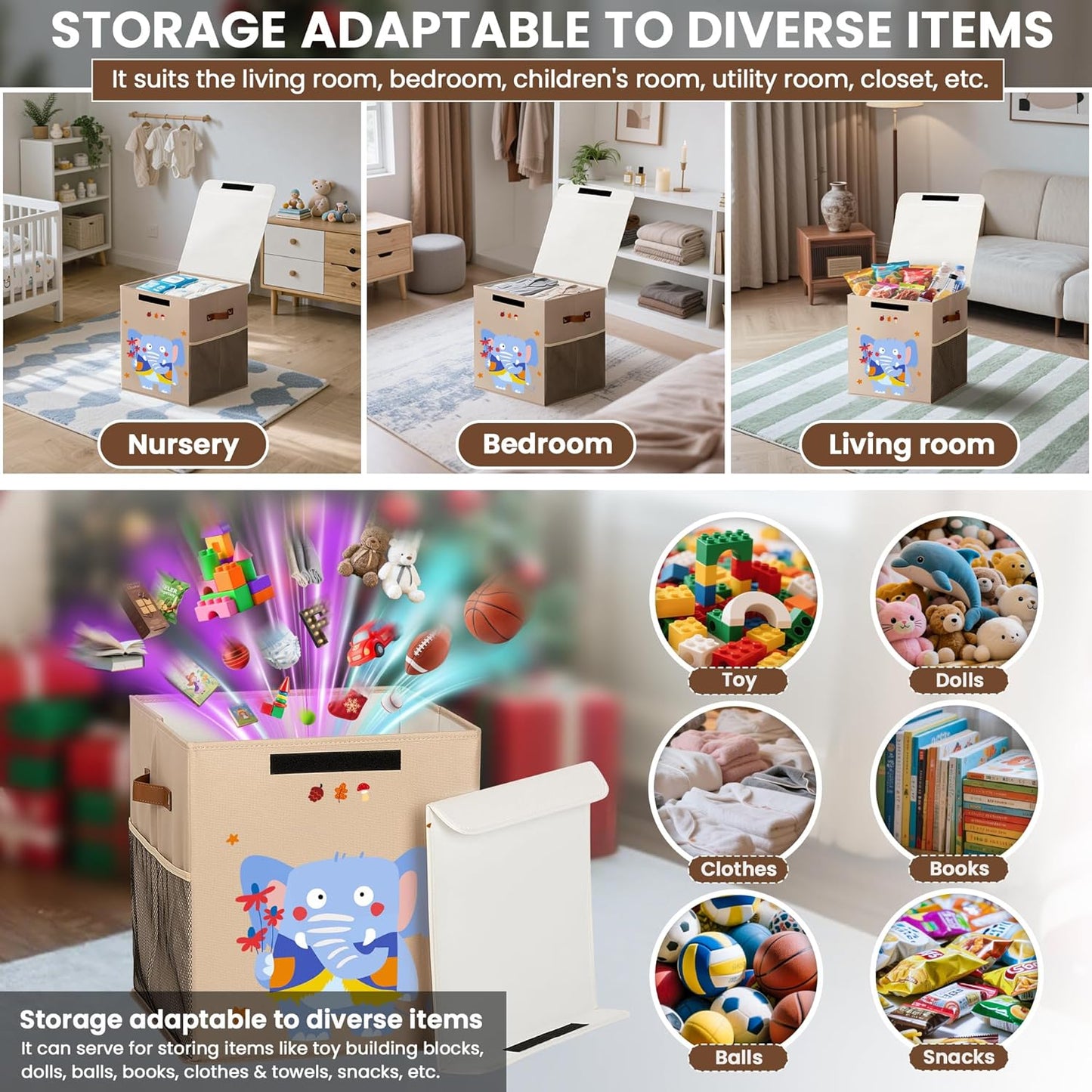 40L Large Toy Storage Box with Lid, Large Toy Box Chest for Kids, Girls and Boys, Nursery Room and Living Room, 13"x13" x16" (Dark Khaki-animal)