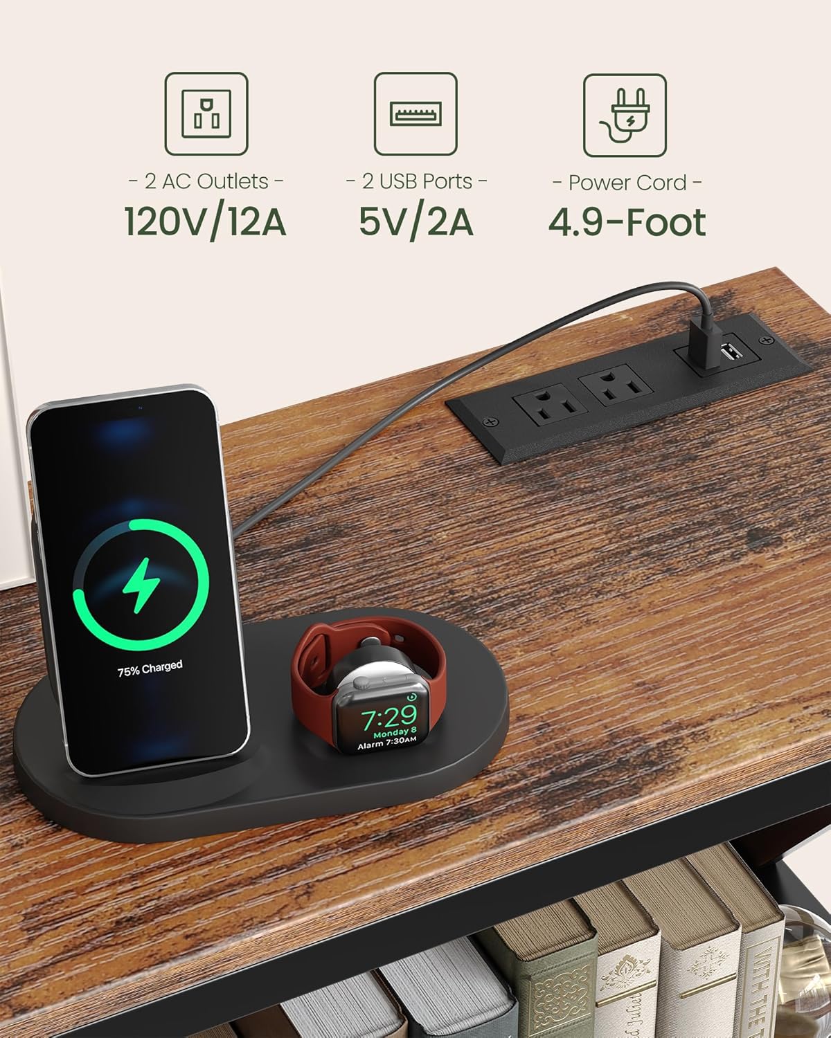 47.2" Console Table with Charging Station, 3-Tier Entryway Table, Industrial Sofa Desk, Hallway Desk with 2 AC Outlets and 2 USB Ports Metal Frame, Rustic Brown and Black TXG01UBF