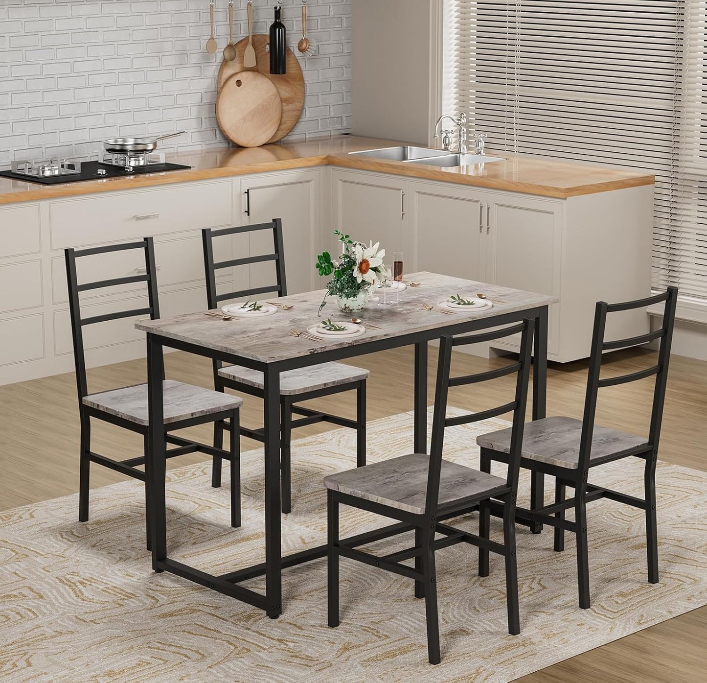5-Piece Dining Table Set with 4 Chairs, 47.2" Kitchen Table Chairs Set of 4, Rectangular Industrial Style Dining Room Table Set with Backrest, Perfect for Small Space, White Oak