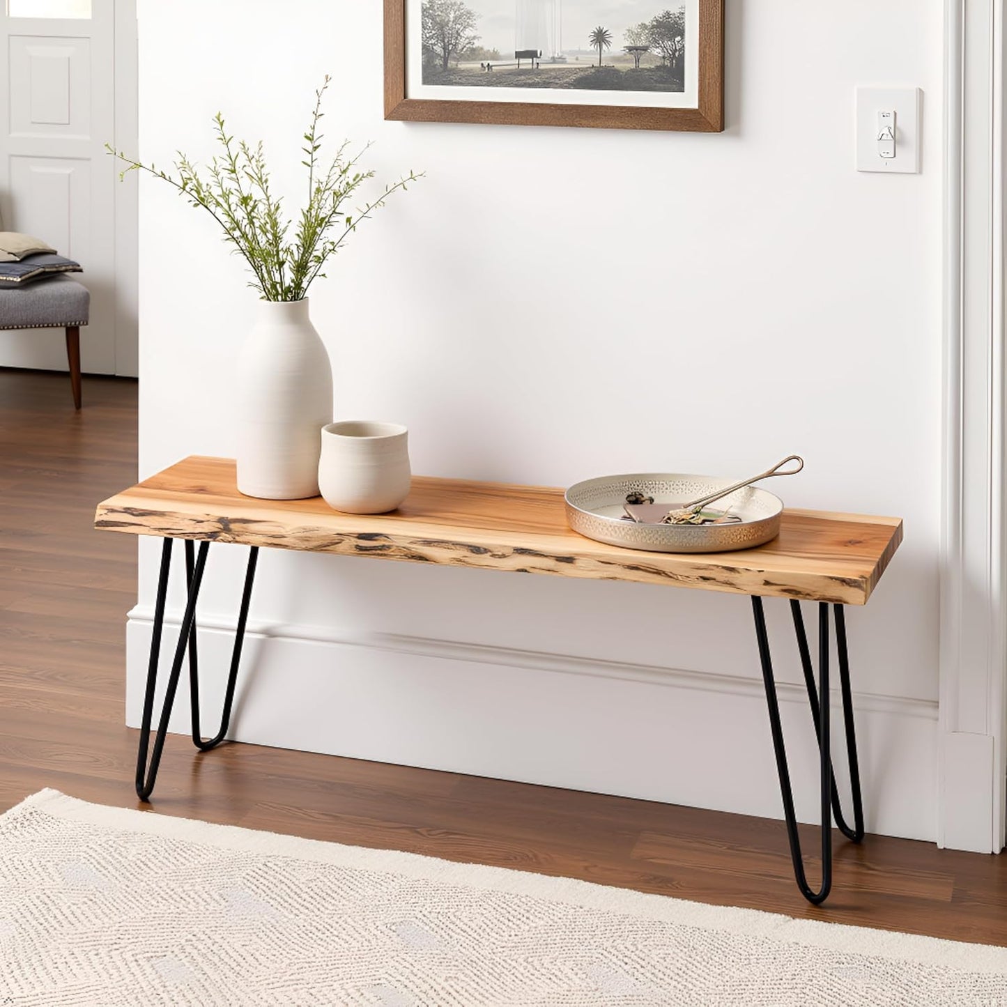 Alaterre Furniture 48” Live Edge Dining Bench – Rustic Industrial Farmhouse Solid Acacia Wood with Metal Hairpin Legs – Ideal for Dining Room, Kitchen, or Entryway