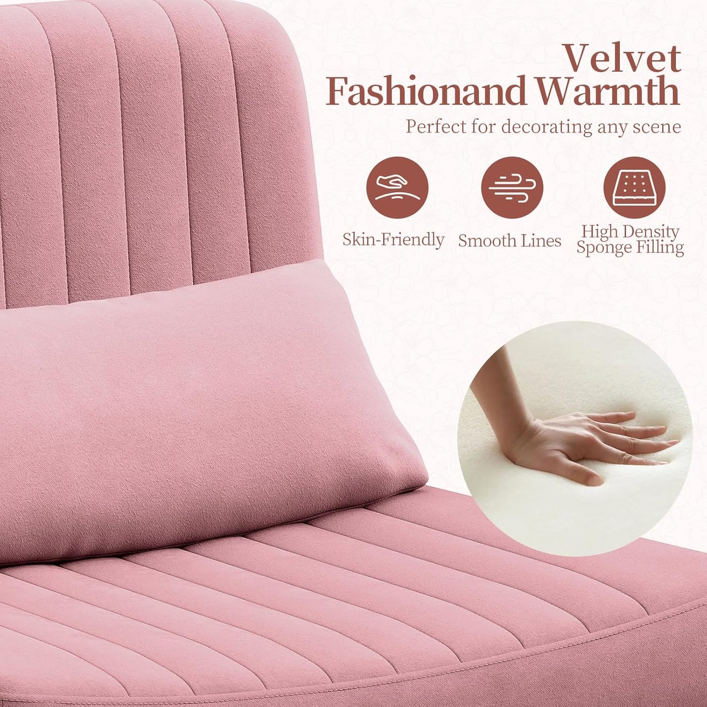 Warmiehomy Criss Cross Office Chair with Wheels, Velvet Cross-Legged Desk Chairs for Home, Height Adjustable Swivel Wide Seat Computer Chair, Modern Armless Vanity Chair for Girls Women, Rose Pink