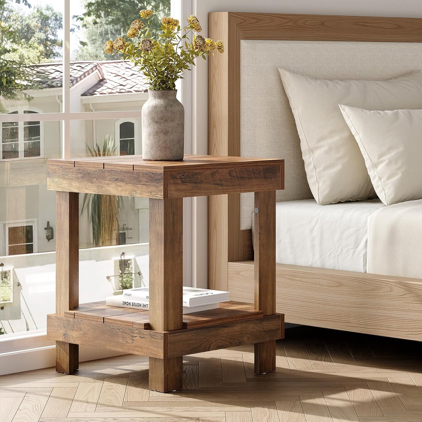 LITTLE TREE 2-Tier End Table, All Wooden Square Side Table with 2 Storage Shelves, Farmhouse Chairside Table Side End Table for Living Room, Small Bedside Table Nightstand for Bedroom, Natural Color