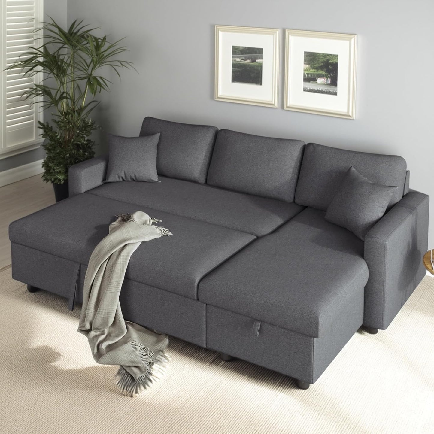 87.4 Inch L Shape Sleeper Sectional Sofa with Storage Chaise, Pull Out Bed and 2 Tossing Cushions, Upholstered Corner Couch for Living Room, Apartment, Home Furniture, Gray