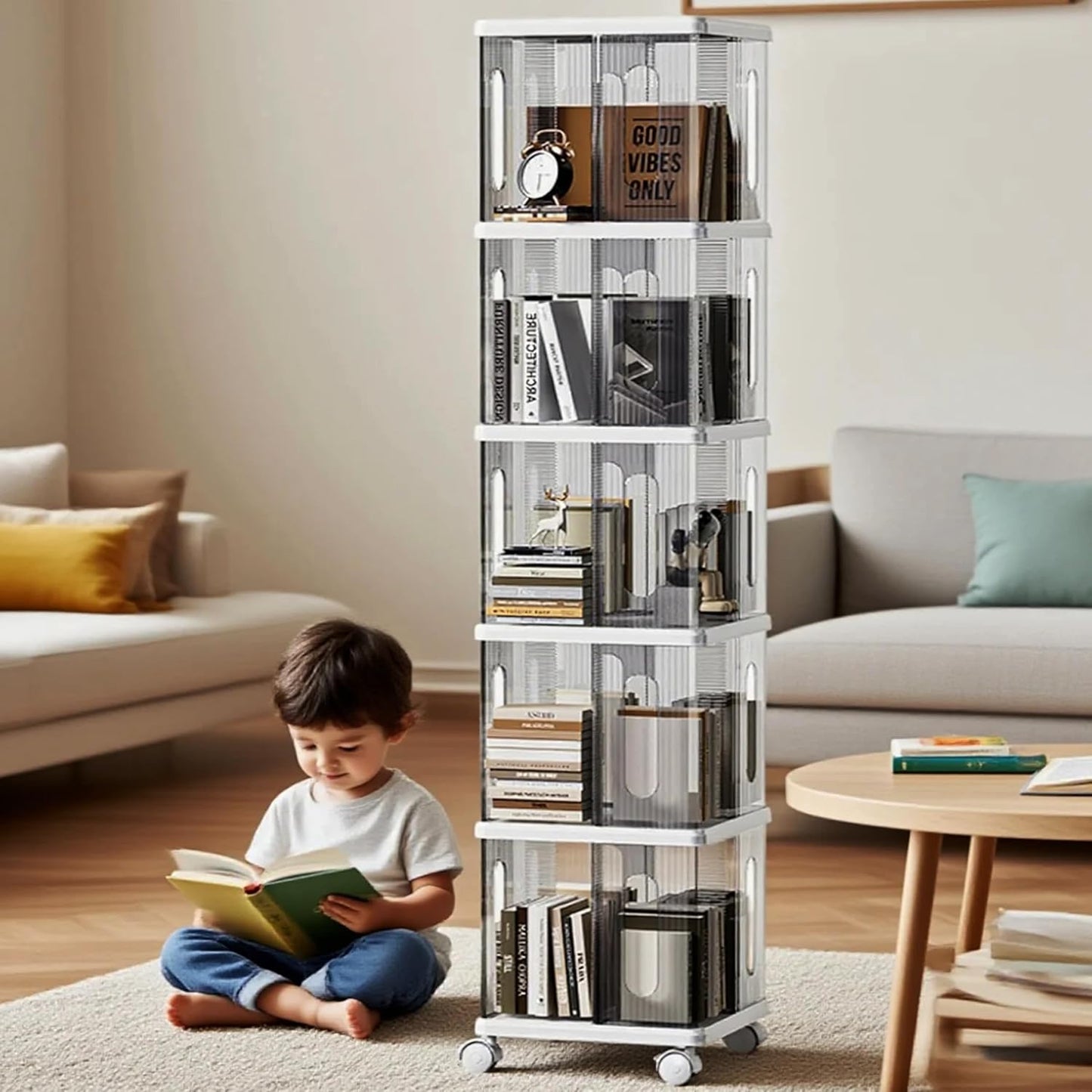 Rotating Bookshelf Tower, 360-Degree rotating bookshelves, Small Space Spinning Bookshelf with Wheels, Revolving Bookcase Suitable for Bedrooms, Living Rooms, Studies and Offices (Grey,5Tier)