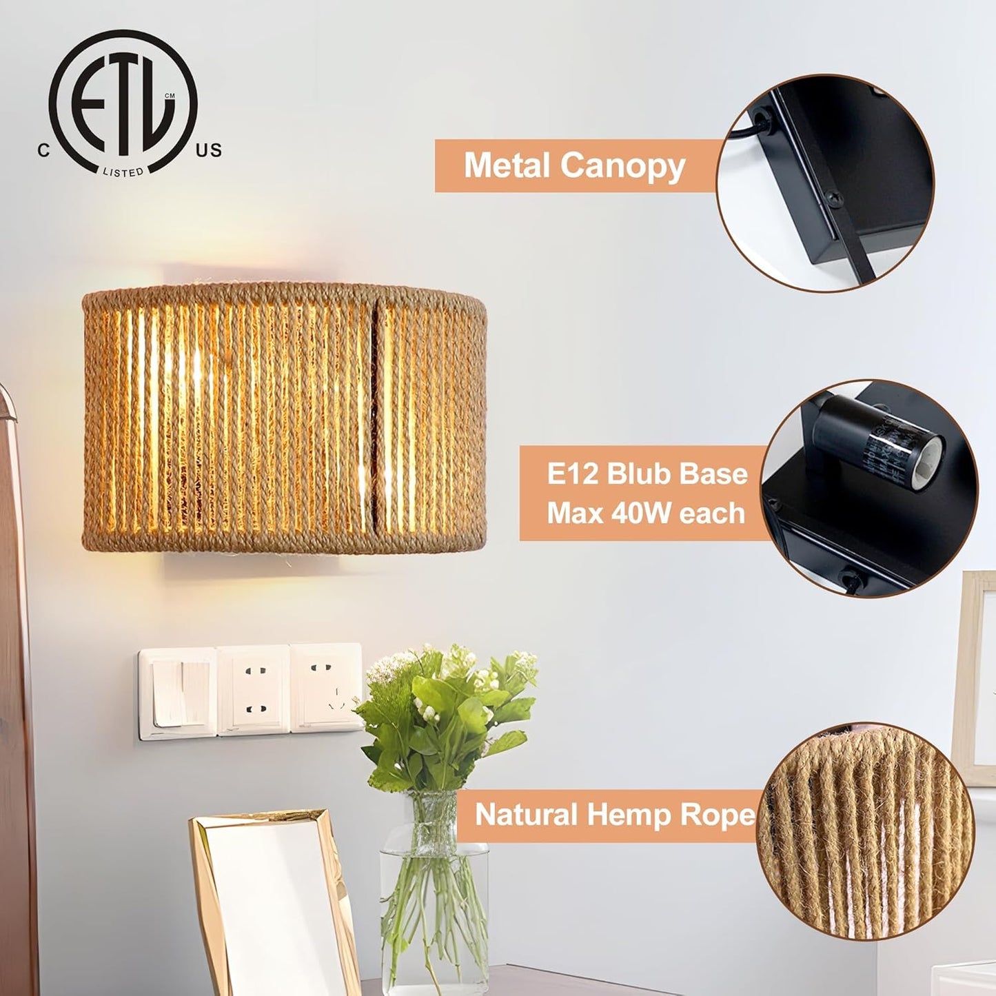 Rattan Wall Sconce Boho Wall Light Fixture Hand Woven Wall Mounted Lamp for Bedside, Staircase, Aisle, Porch, E12 Base D9.7 Inch