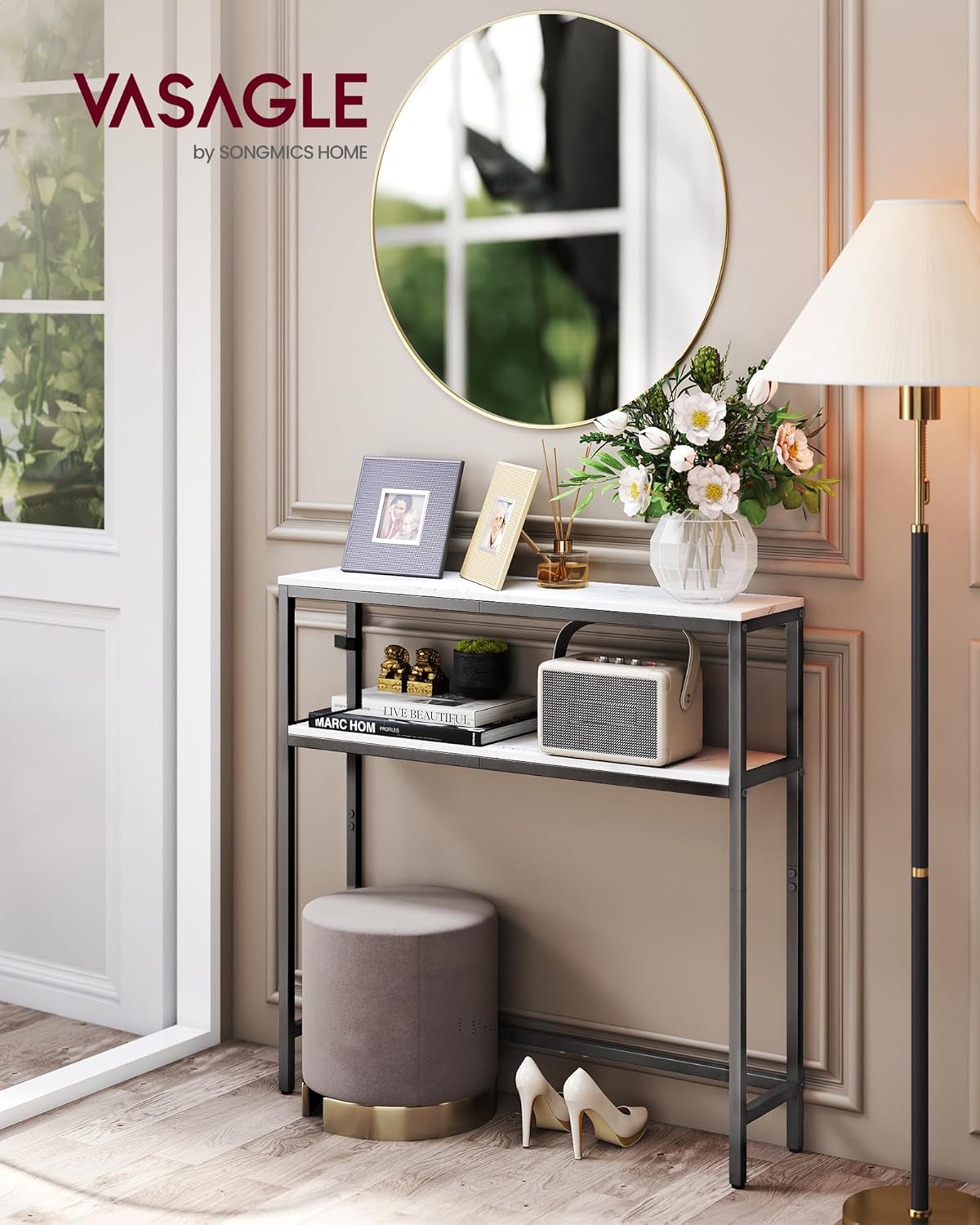 VASAGLE Console Table, 2-Tier Narrow Sofa Table with 2 Shelves, 7.9 x 31.5 x 31.5 Inches, for Living Room, Hallway, Entryway, Marble White and Ink Black ULNT130W59V1