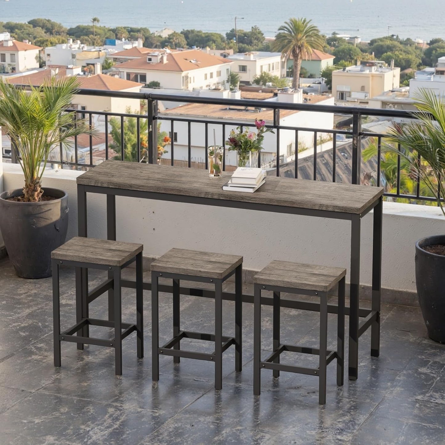 KEIKI 60.24” Long Bar High Top Dining Table and 3 Stools Chairs Set, Wood Behind Couch Sofa Counter Height Pub Furniture for Breakfast, Kitchen Living Party Room, Brown Grey