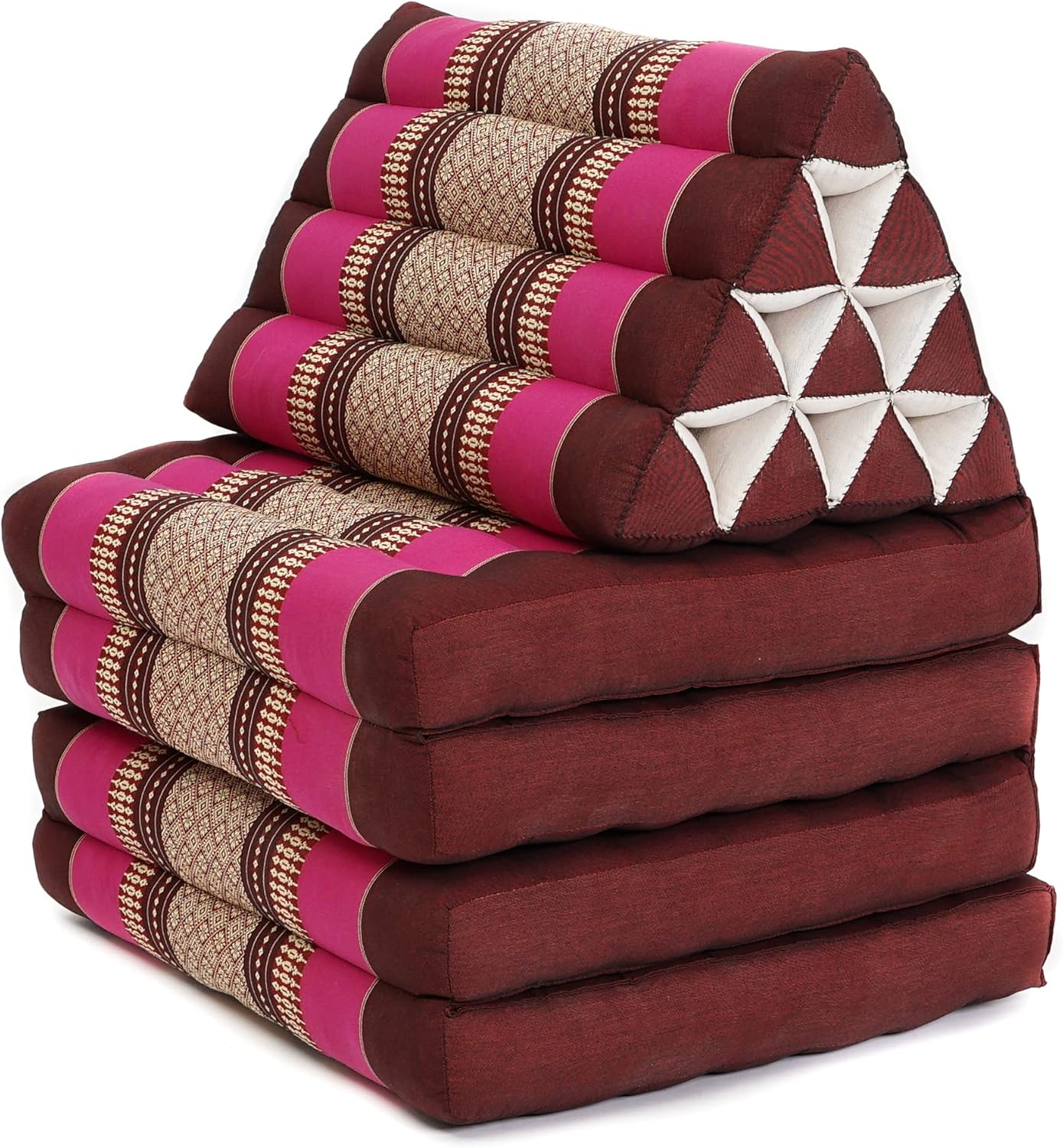 Leewadee Comfortable Japanese Floor Mattress - Thai Floor Bed with Triangle Cushion - Futon Mattress - XL Extra Long Thai Massage Mat, 89 x 20 inches, Auburn Pink, Kapok Filling