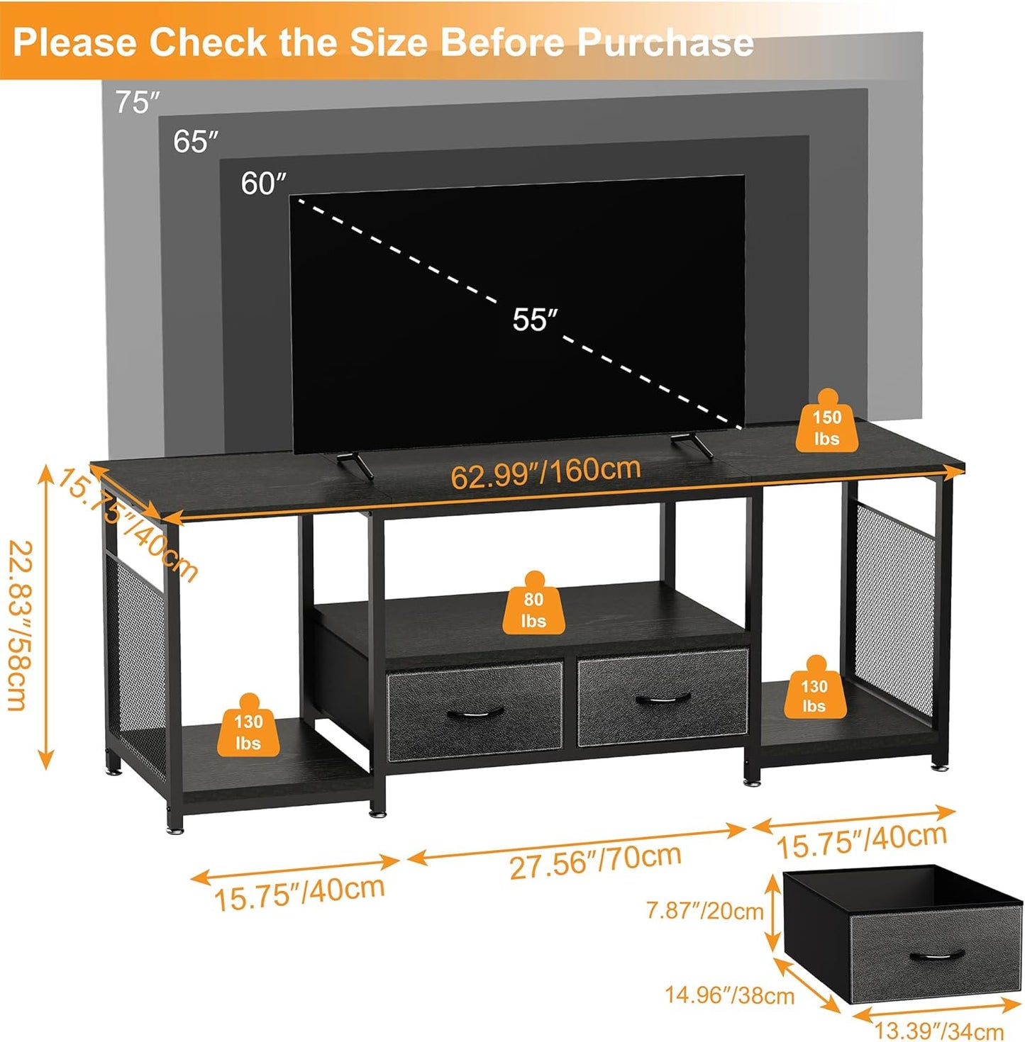 TV Stand with Drawers and Open Storage Shelves for 75 70 65 Inch TV, Entertainment Center with Open Storage Shelves, Industrial Media TV Console Table for Living Room Bedroom Office, Black