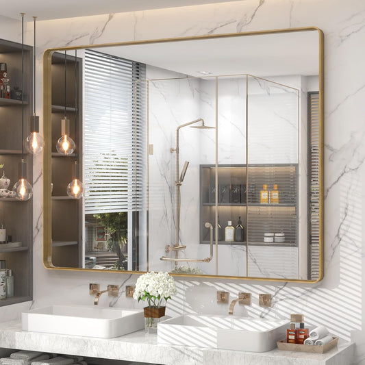 50x40 Inch Gold Bathroom Mirror, Rounded Rectangle Gold Frame Mirror, Brushed Gold Brass Bathroom Vanity Mirror Wall-Mounted, Anti-Rust, Hangs Horizontally or Vertically