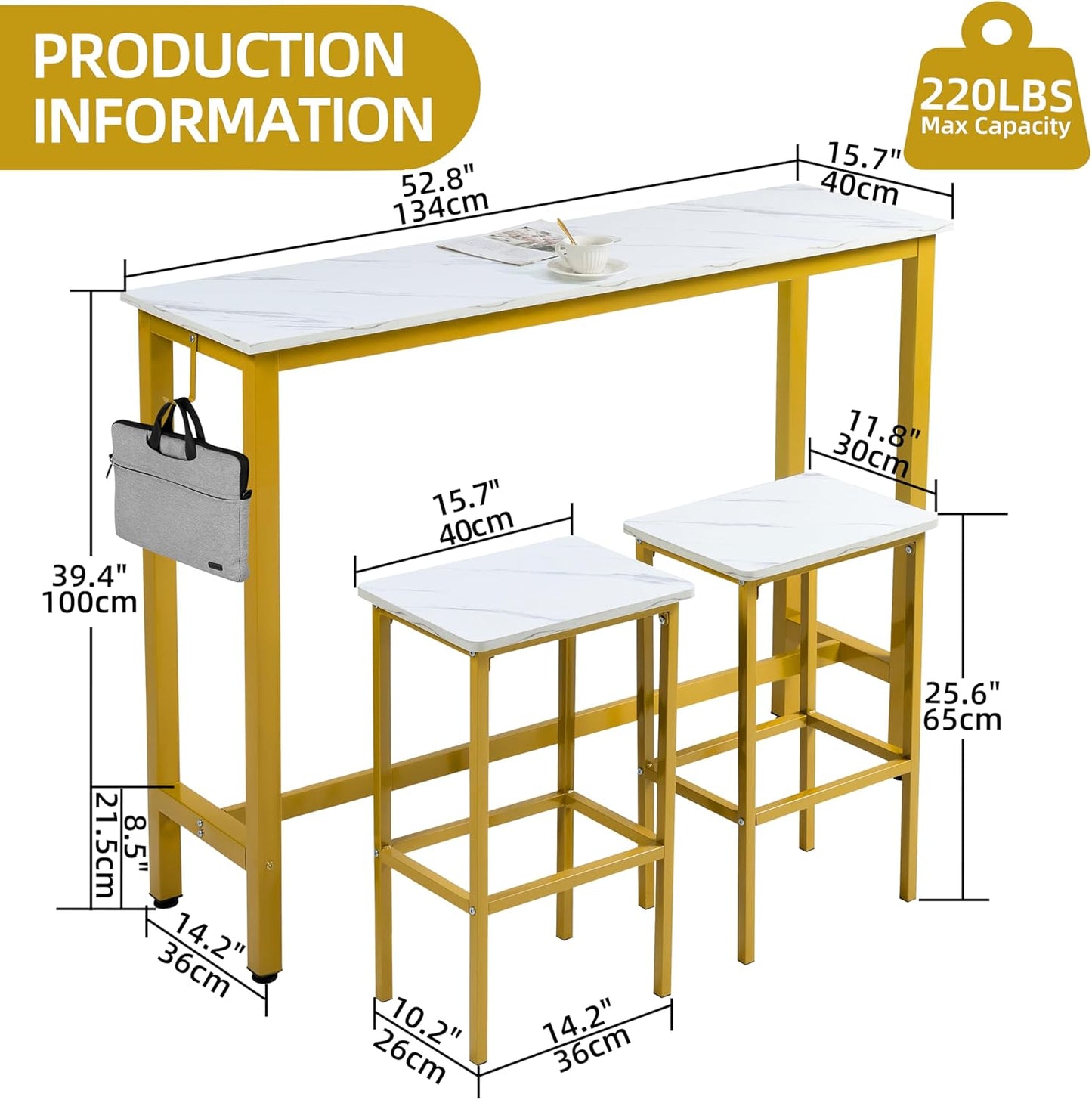 Finnhomy 52.7" Industrial Bar Table Set with 2 Stools - Counter Height Dining & Pub Table for Small Spaces, Kitchen, Apartment, Nook - Metal & Wood, Space-Saving Furniture - White Marble and Gold