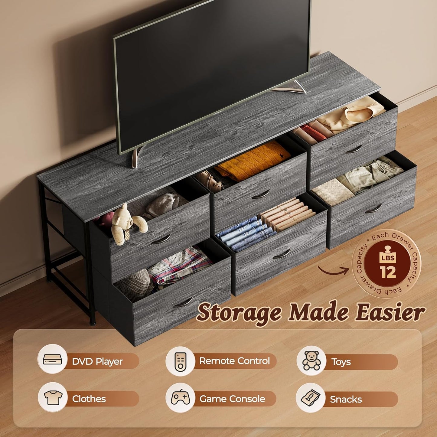 Huuger 63 Inch Long Dresser for Bedroom, Wide TV Stand for 55, 65, 70 Inch TV, 6 Drawer Dresser for Closet with Fabric Drawers, Storage Organizer for Bedroom, Entryway, Grey