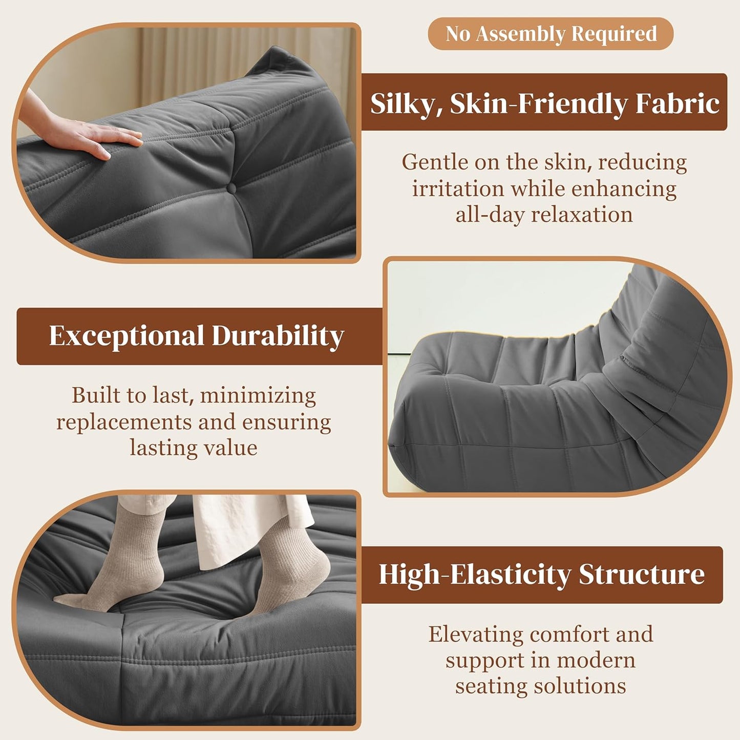 Bean Bag Chair, Fireside Chair Bean Bag Sofa for Adults, Bean Bag Chairs for Teens with High-Resilience Foam, Memory Foam & Non-Slip Base Bean Bag for Living Room, Bedroom, Office (Suede, Dark Gray)