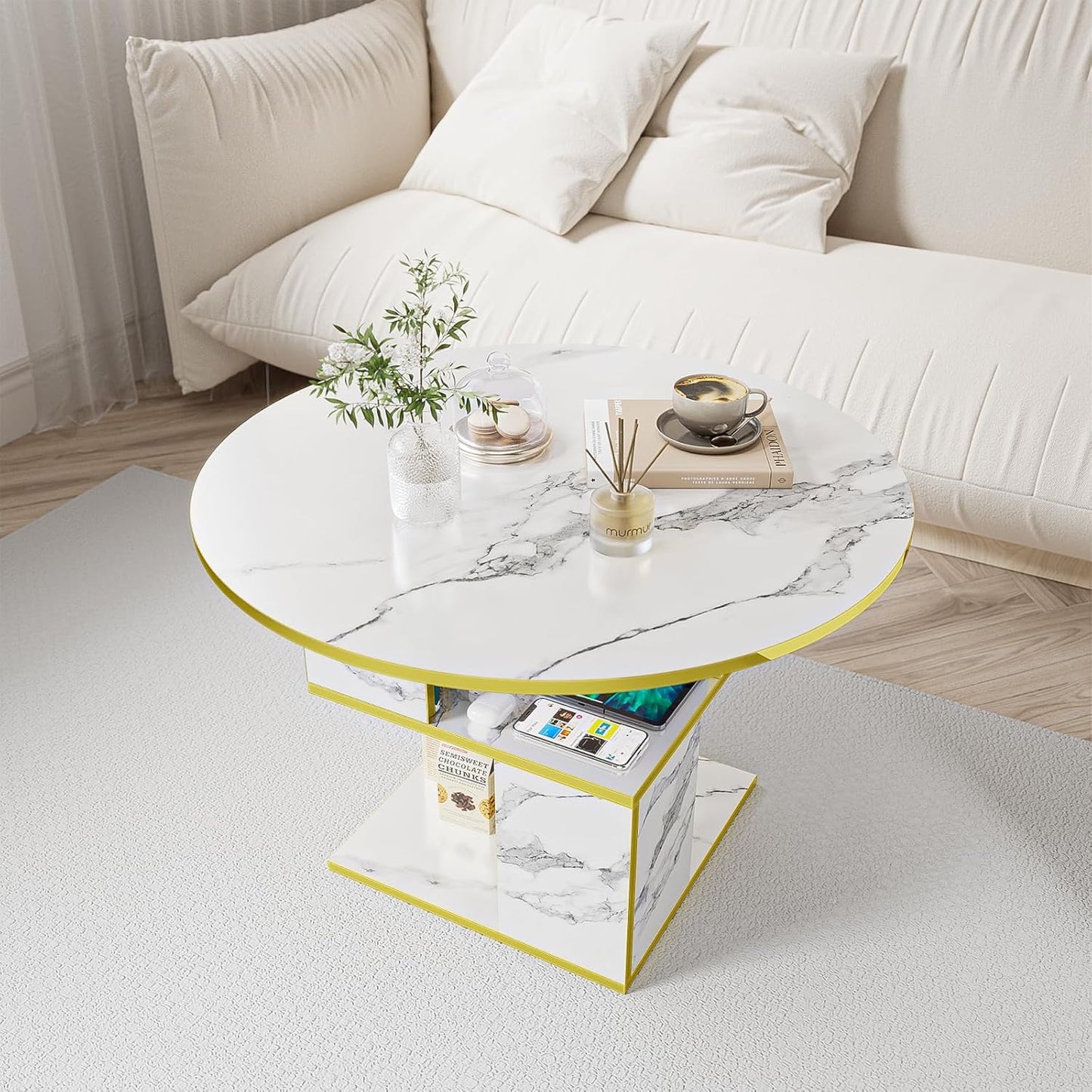 Elephance Round Coffee Table with Storage,3-Tier Coffee Table for Living Room,Wooden Tabletop-Marble White with Gold Frame