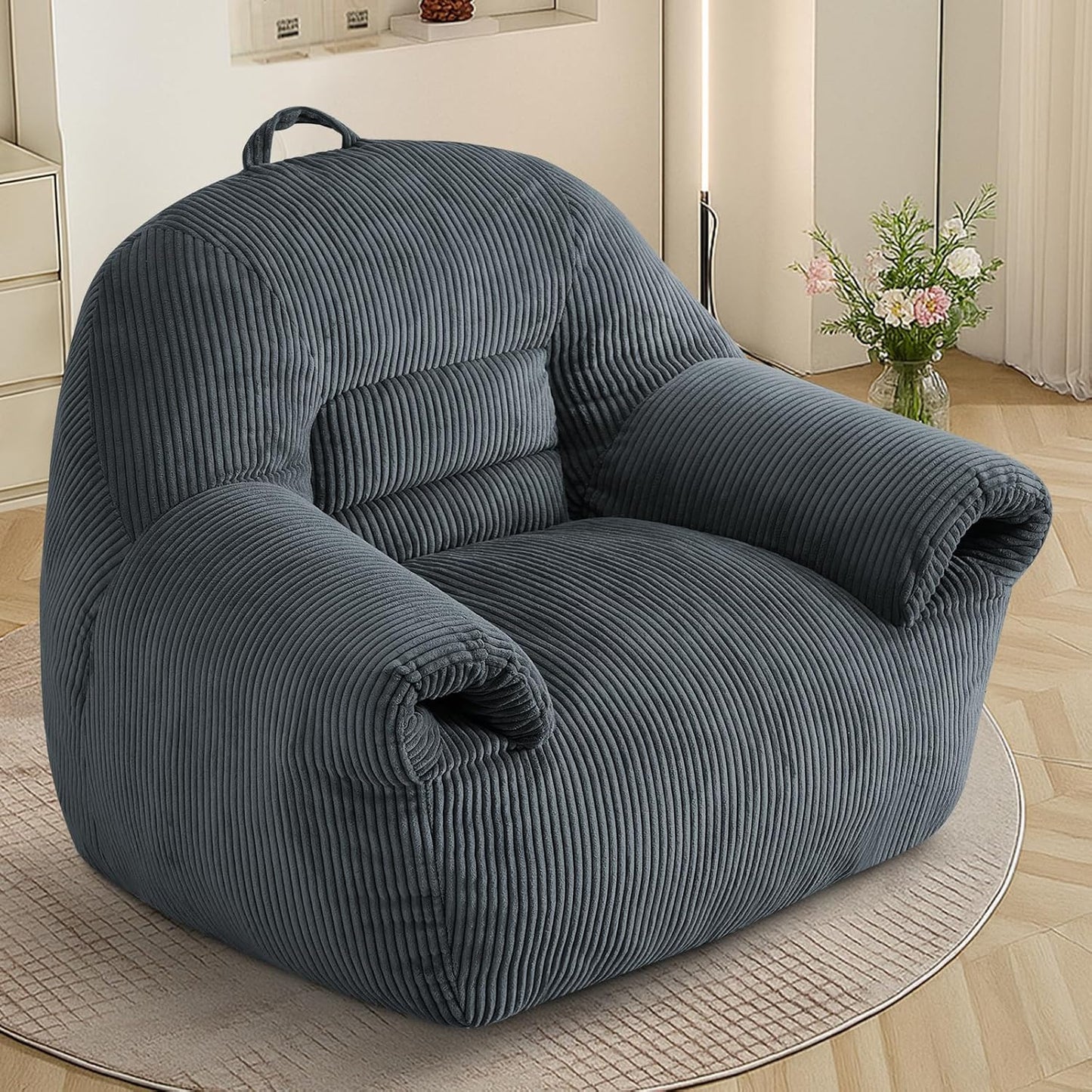 DAICO Bean Bag Chairs for Adults, Giant Bean Bag Chair Comfy Bean Bag Sofa with Handle Corduroy Single Lazy Floor Sofas Accent Chair with Foam for Bedroom Living Room Reading Gaming Grey