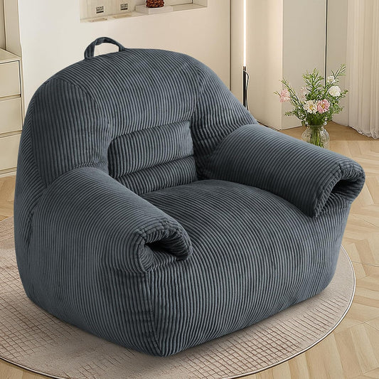 DAICO Bean Bag Chairs for Adults, Giant Bean Bag Chair Comfy Bean Bag Sofa with Handle Corduroy Single Lazy Floor Sofas Accent Chair with Foam for Bedroom Living Room Reading Gaming Grey