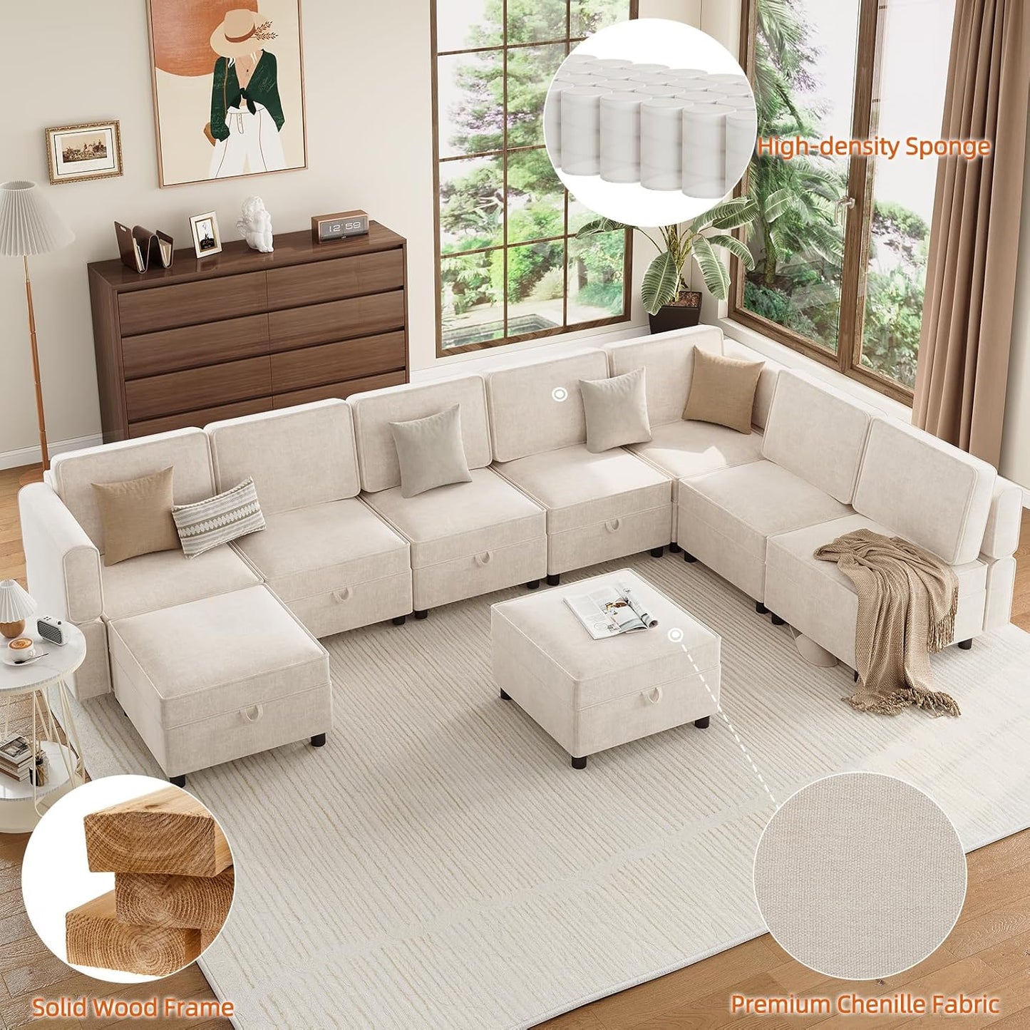 Modular Sectional 9-Seat Sofa, L Shaped Sectional Couch with Removable Storage Ottoman, Convertible Sleeper Sofa Suitable for Living Room, Bedroom, and Apartments, Beige