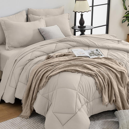 HEVUMYI Beige Tan Twin Comforter Set - 5-Piece All Season Bed in a Bag Twin, Ultra Soft Bedding Set with Comforter, Flat Sheet, Fitted Sheet, Pillowcases, Pillow Shams, Beige Tan