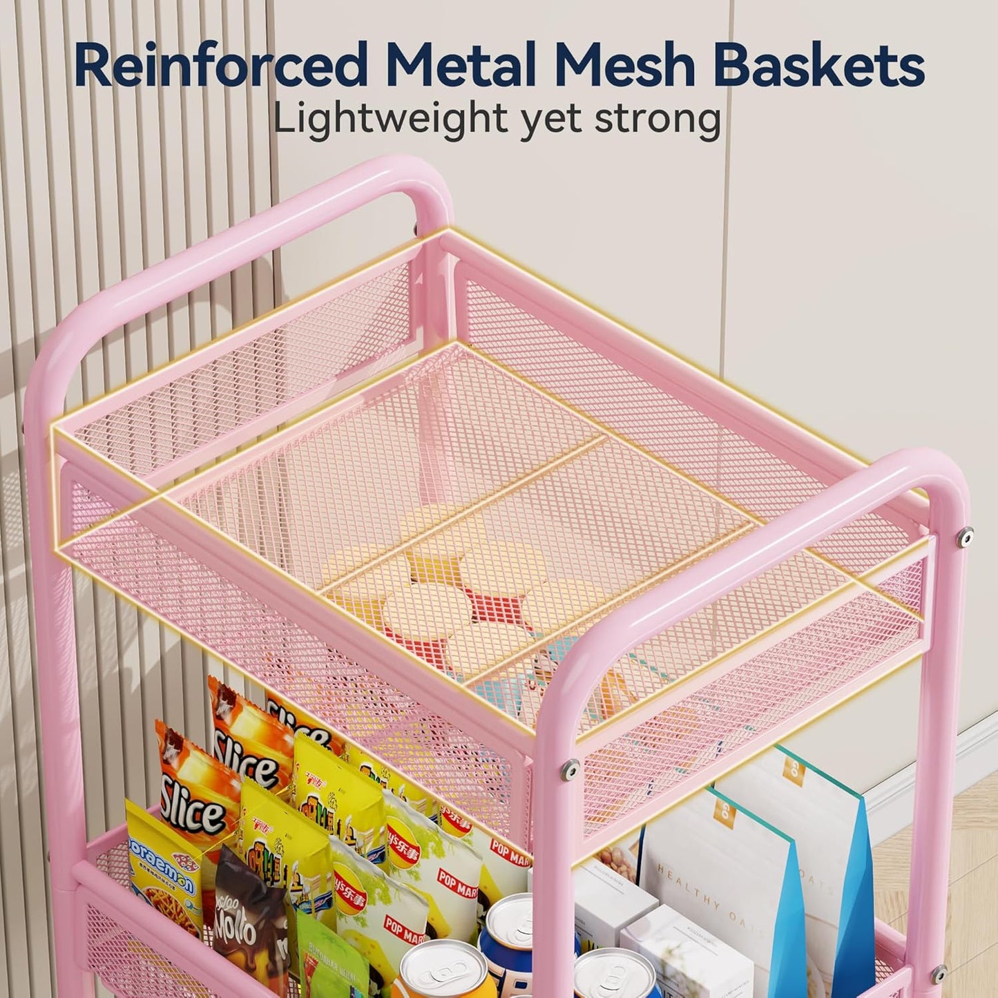 YASONIC 3 Tier Rolling Cart – Metal Utility Storage Cart with Wheels, Craft Cart Organizer with Hanging Cups, Hooks, Mesh Basket for Bedside Kitchen Office Art, Pink