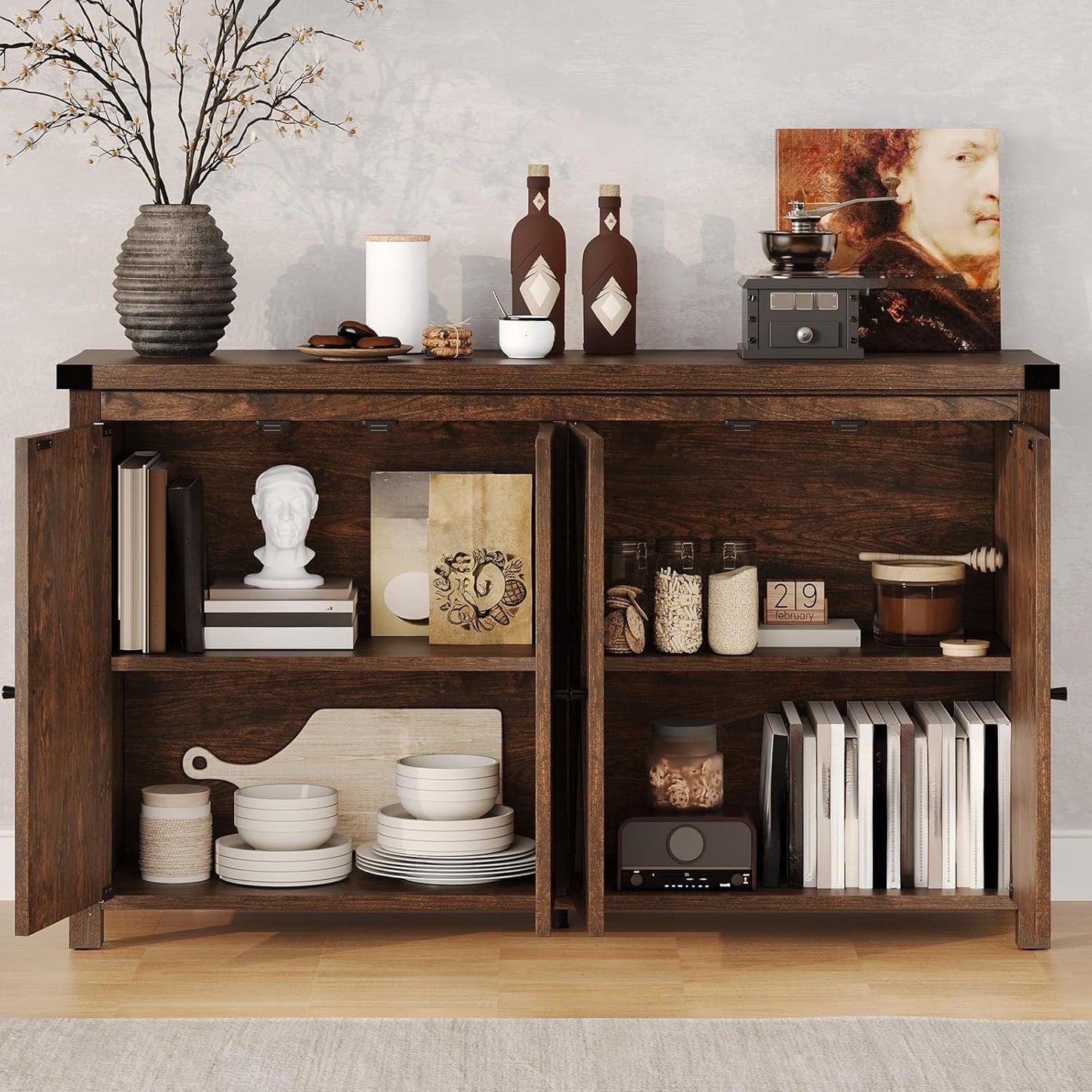 DWVO Farmhouse Sideboard Buffet Cabinet with Storage, 55'' Kitchen Storage Cabinet with Doors, Large Coffee Bar Cabinets with Adjustable Shelves for Kitchen, Living Room, Brown