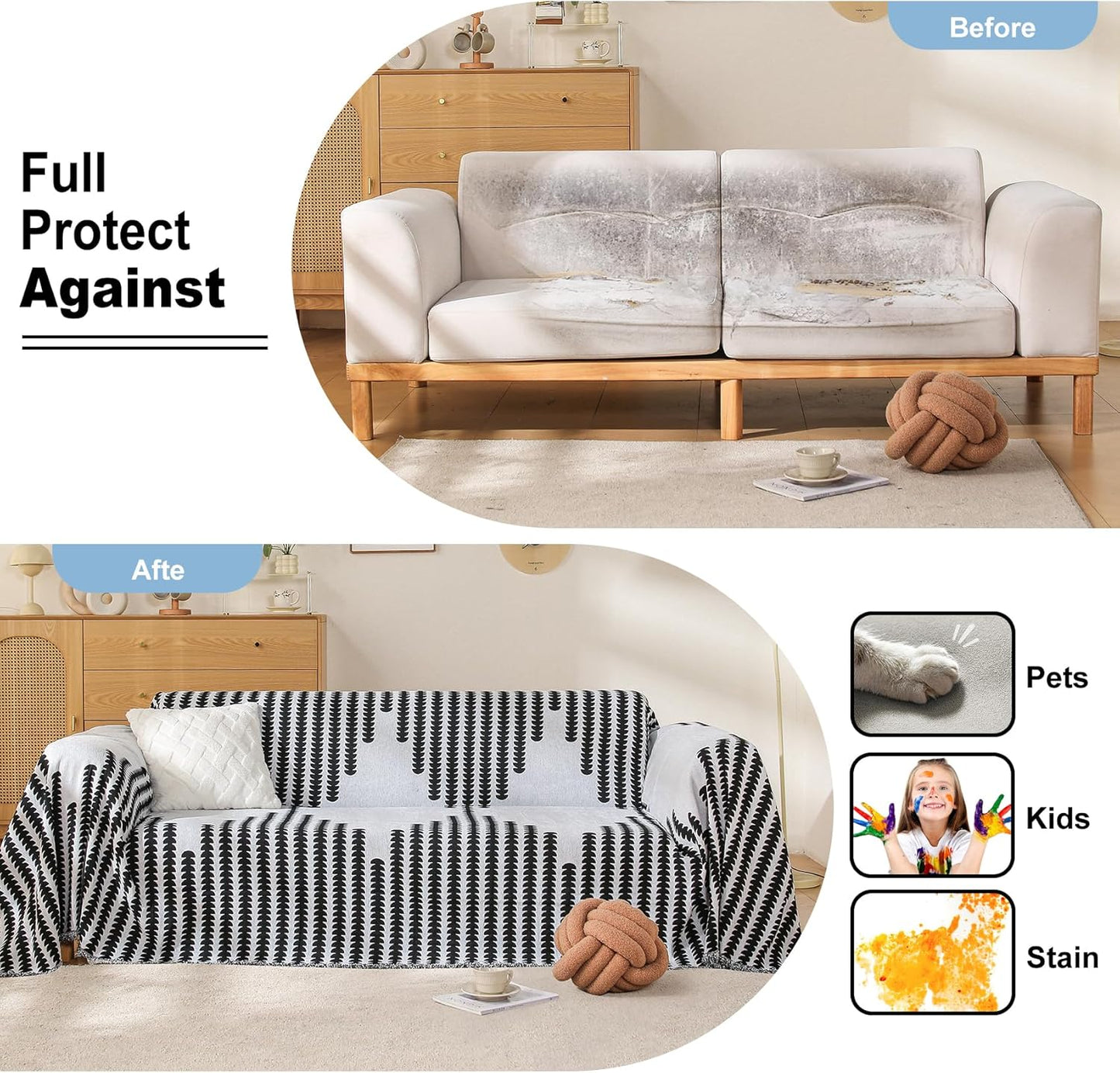 Boho Sofa Cover, Couch Covers for 3 Cushion Couch Sofa Pet Friendly, Sofa Cover Washable, Soft Chenille Living Room Couch Covers Slipcover, Pet Furniture Protecto (2# White, 71" x 150")