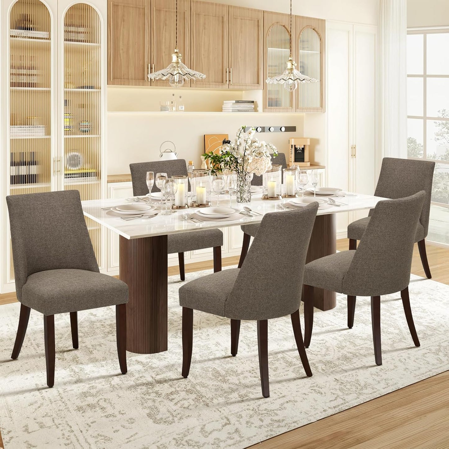 COLAMY Upholstered Dining Chairs Set of 6, Mid Century Modern Kitchen Chairs with Back, Farmhouse Fabric Side Dining Room Chairs with Wood Legs for Dining Room Restaurant, Brown