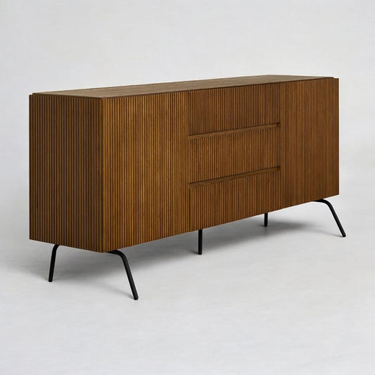 NTC Veil Sideboard with 2 Doors and 3 Drawers, Buffet Cabinet with Vertical Groove Design and Metal Legs, Storage Cabinet for Living Room, and Entryway, Effortless Assembly - Rustic Oak