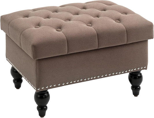 HOMCOM Ottoman with Storage for Living Room, 25" Storage Ottoman with Removable Lid, Button-Tufted Fabric Bench for Footrest and Seat with Wood Legs, Coffee