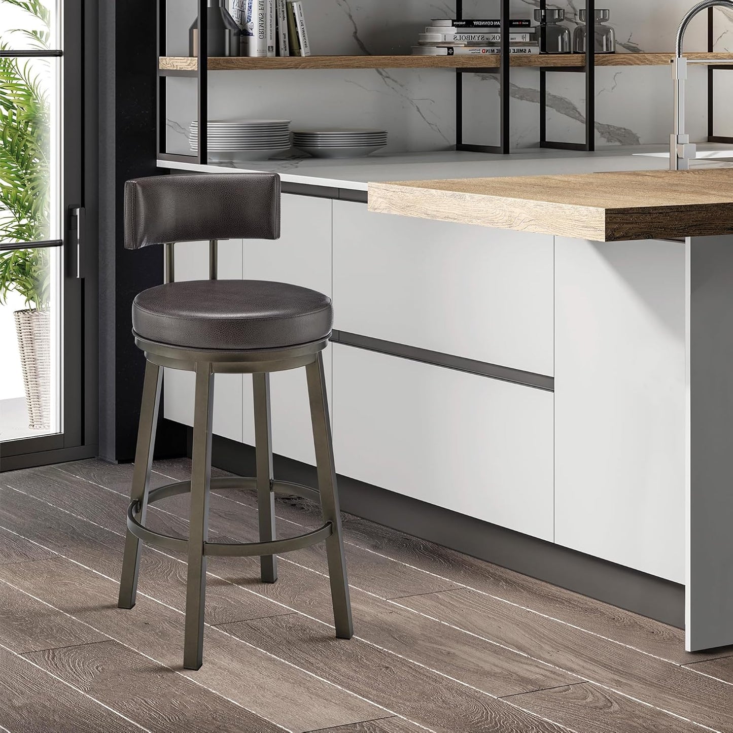 Armen Living Dalza Swivel Counter or Bar Stool in Mocha Finish with Brown Faux Leather