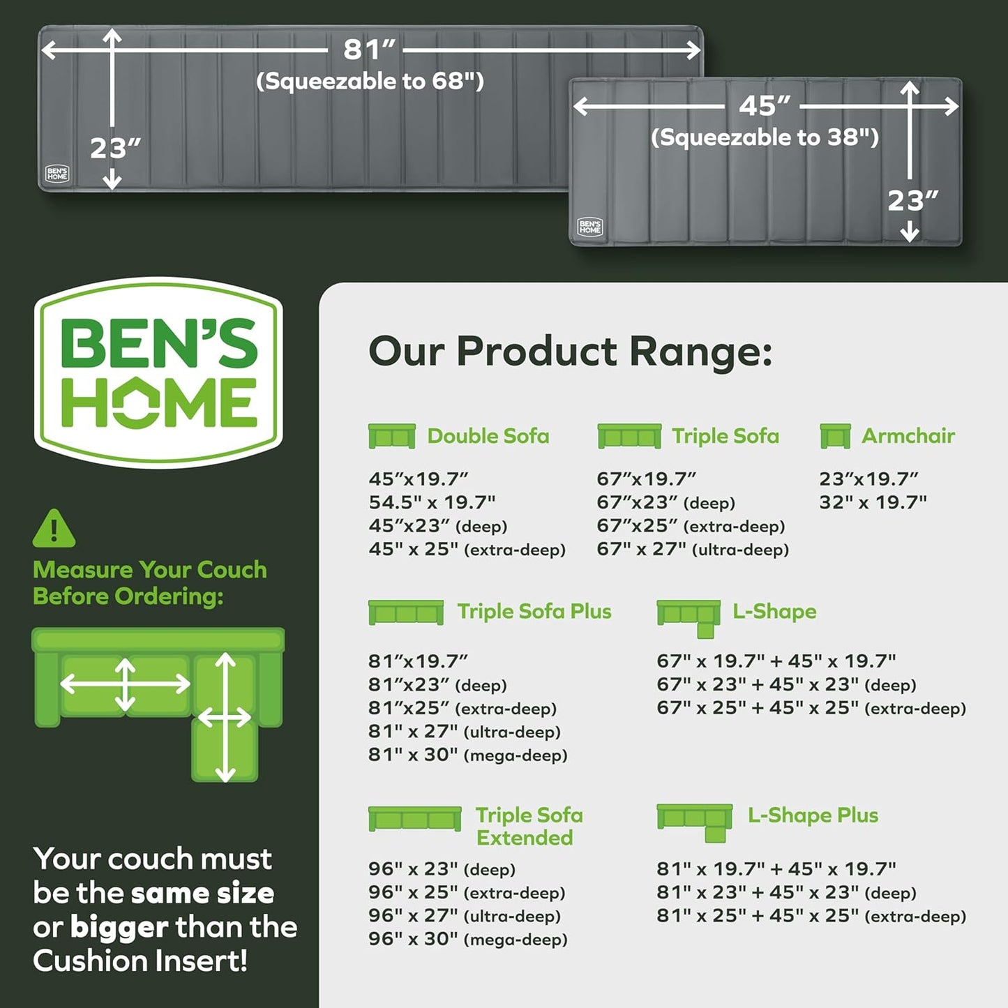 BEN'SHOME® Deep Sectional Couch Cushion Support for fix Sagging Seats - Heavy Duty Solid Wood Sofa Support Board | 81" x 23" + 45" x 23" Under Cushion Insert Set | Non-Slip | 400 LB Capacity Each