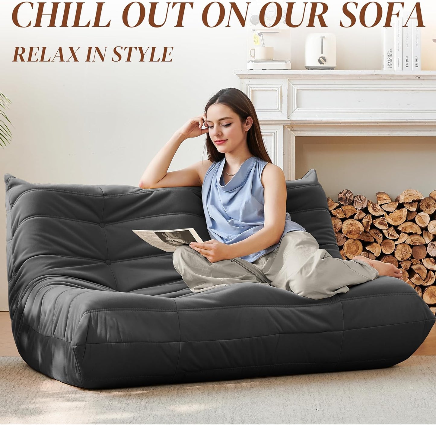 Bean Bag Chair, Loveseat Fireside Chair Bean Bag Sofa for Adults, 2 Seater Bean Bag Chairs for Teens with High-Resilience Foam, Memory Foam Bean Bag for Living Room, Bedroom, Office (Suede, Dark Gray)