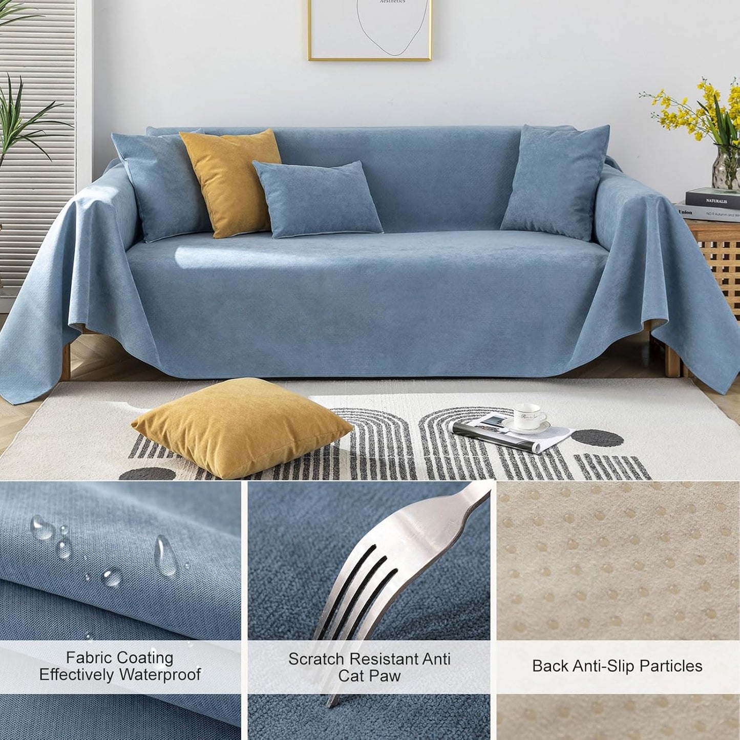 STACYPIK 100% Waterproof Blue Couch Cover for Pets, Sectional L Shape Sofa Cover for 2 Cushion Couch, Anti-Cat Scratch Furniture Protector Cover, Anti Slip Sofa Throw Cover for Dogs Kids-71x90IN