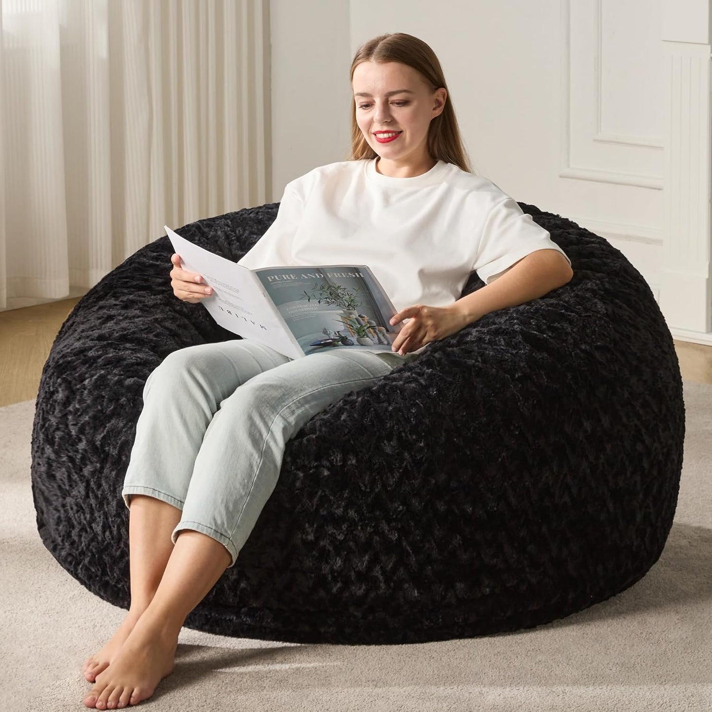 Hobestluk 4ft Bean Bag Chairs for Adults Large Beanbag Chair with Chevron Plush Fur Cover Big Bean Bag Chair for Living Room Bedroom Dorm Office - Black (44” x 44” x 24”)