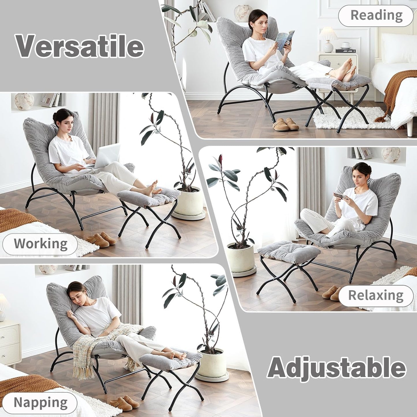 Welnow Accent Chair with Ottoman, Lounge Comfy Soft Leisure Metal Frame Reading Chair with Footrest, Upholstered Thick Cushion Seated Recliner Sofa for Living Room, Bedroom, Dorm, Light Grey