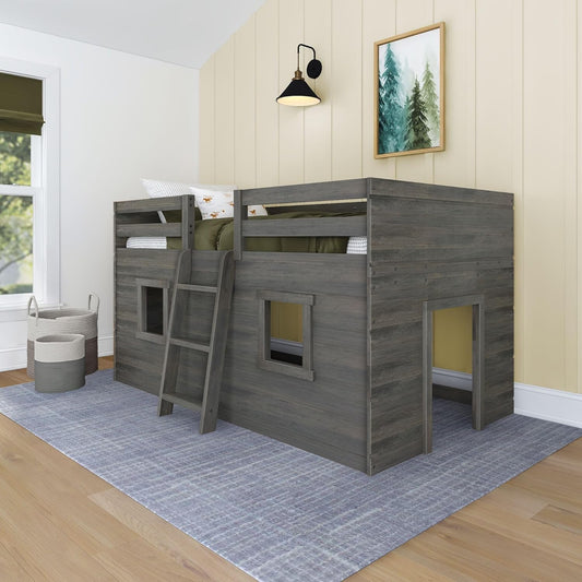 Max & Lily Modern Farmhouse Twin Low Loft Bed with Two Windows - Solid Wood, 15” Guardrails, 400-lb Capacity, Low-VOC Finish, Driftwood