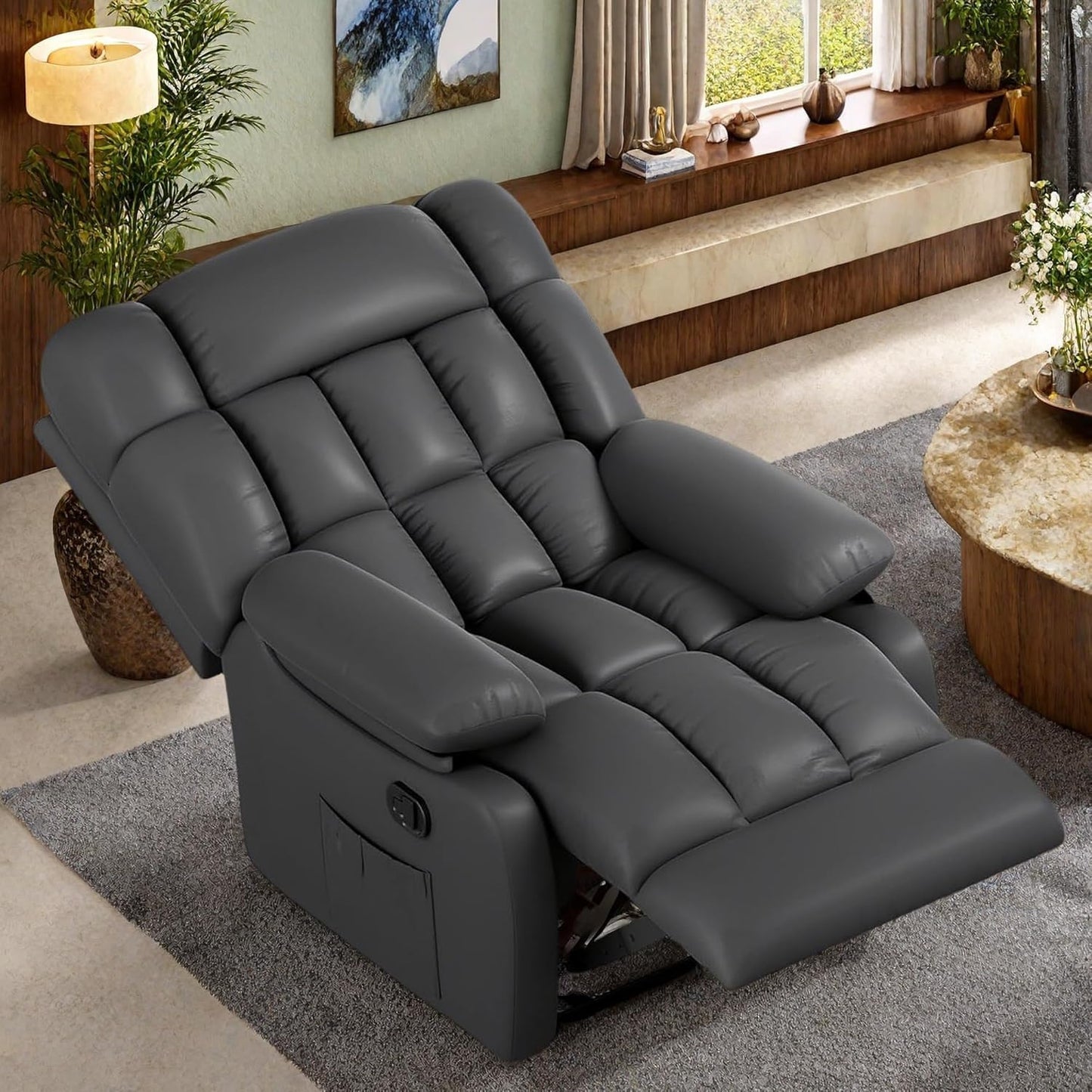 Oversized Recliner Chair, Leather Adjustable Recliner with Side Pockets, Living Room Reclining Lounge Chair for Adults, Small Spaces Comfy Sofa with Theater Seating for Bedroom, Black