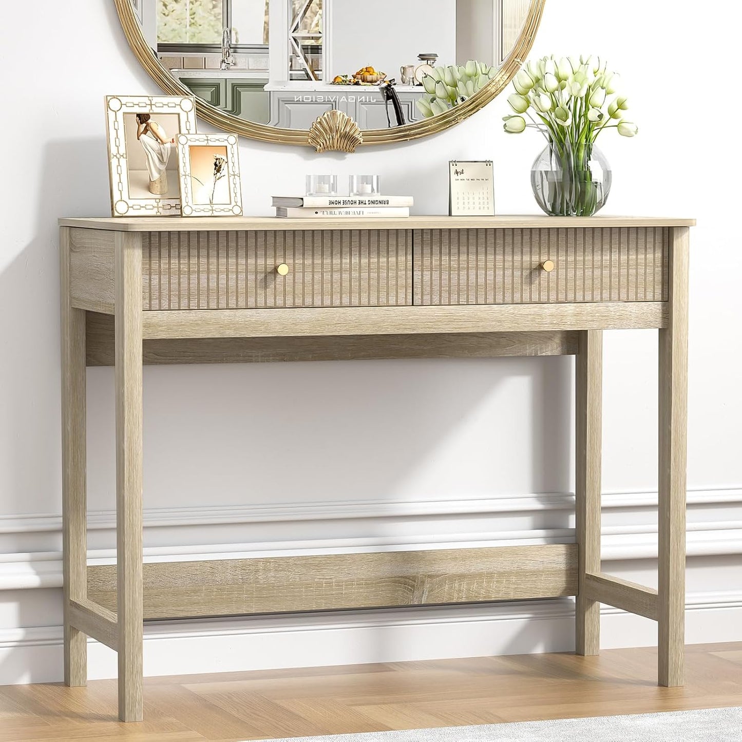 Fluted Writing Desk with Drawers, Makeup Vanity Desk for Bedroom, 40 Inch Home Office Computer Desk with Storage Drawers, Small Console Table