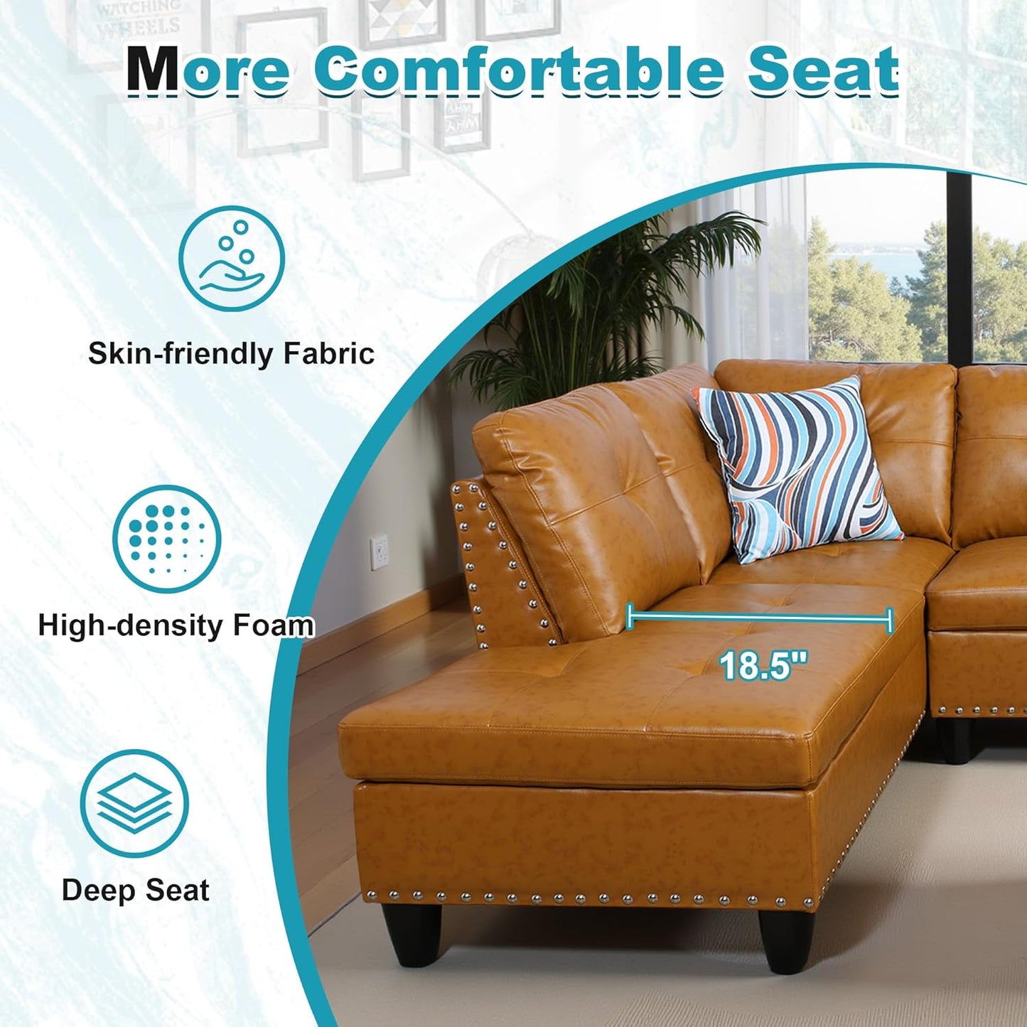 97.5" Oversized Sectional Couch, L Shaped Couch with Storage Ottoman, Modern Modular Sofa with Deep Seat, Sectional Couches for Living Room and Office, Ginger (PU Leather)