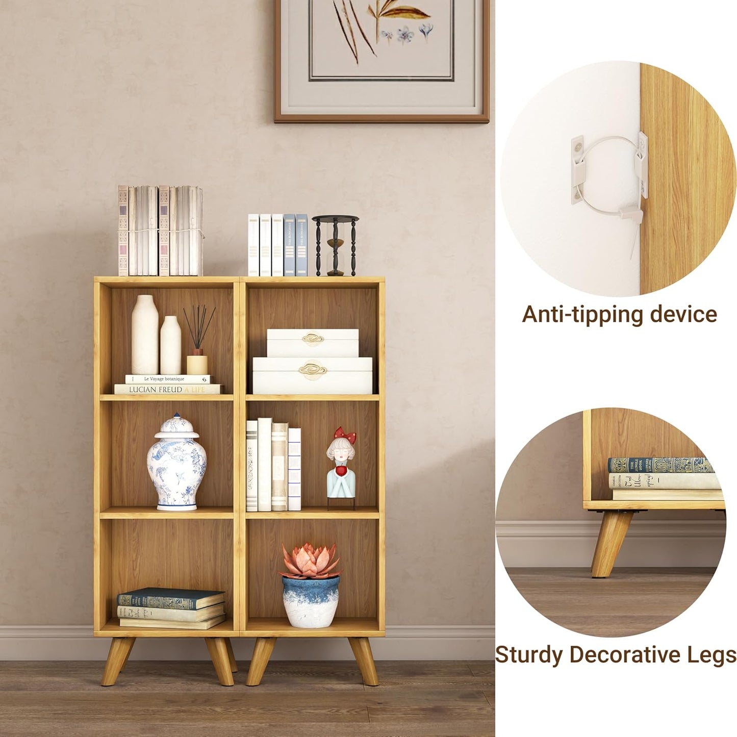 Manora Small Bookcase with 3 Open Shelves, Modern Bookshelf with Wooden Legs, Narrow Storage Organizer for Living Room, Bedroom, Office, Oak