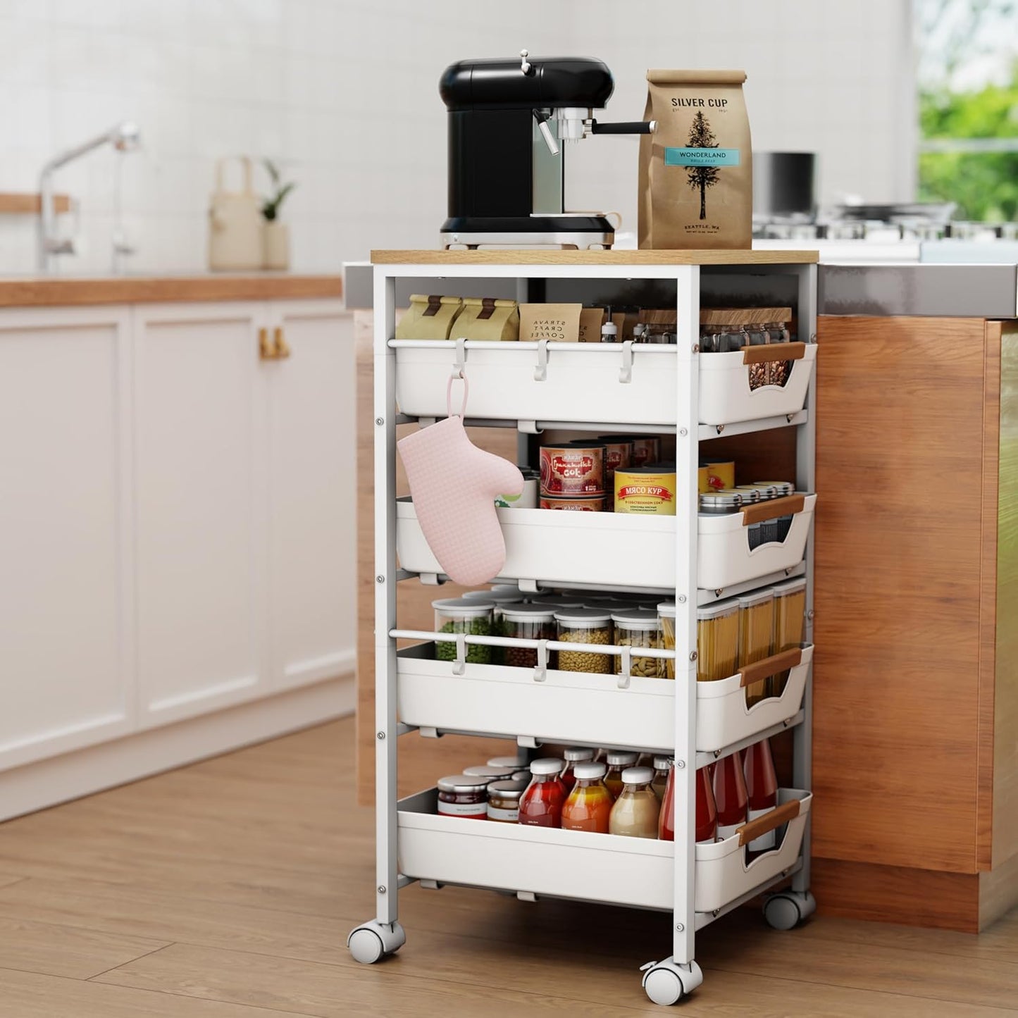 5-Tier Kitchen Storage Cart, Wood Top Rolling Cart Organizer with Pull-Out Baskets & Wheels, Metal Snack Cart with Holder for Fruit, Vegetable, Microwave, Kitchen, Pantry, White