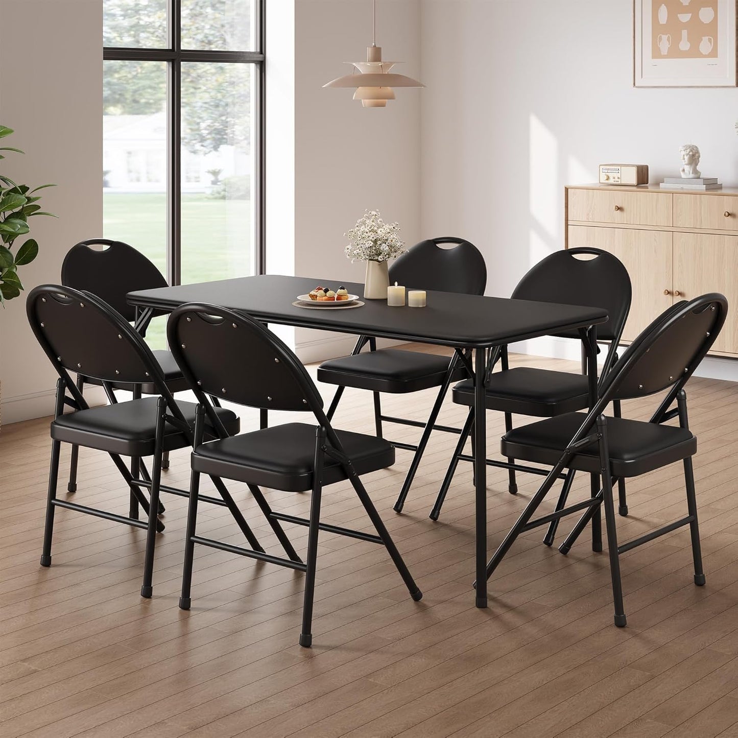 GarveeHome 2 Pack Folding Chairs with PU Leather Padded Cushion and Back, Metal Foldable Chair for Indoor Outdoor, Commercial Stackable Guest Chairs for Camping, Dining Room, Office, Party, Black