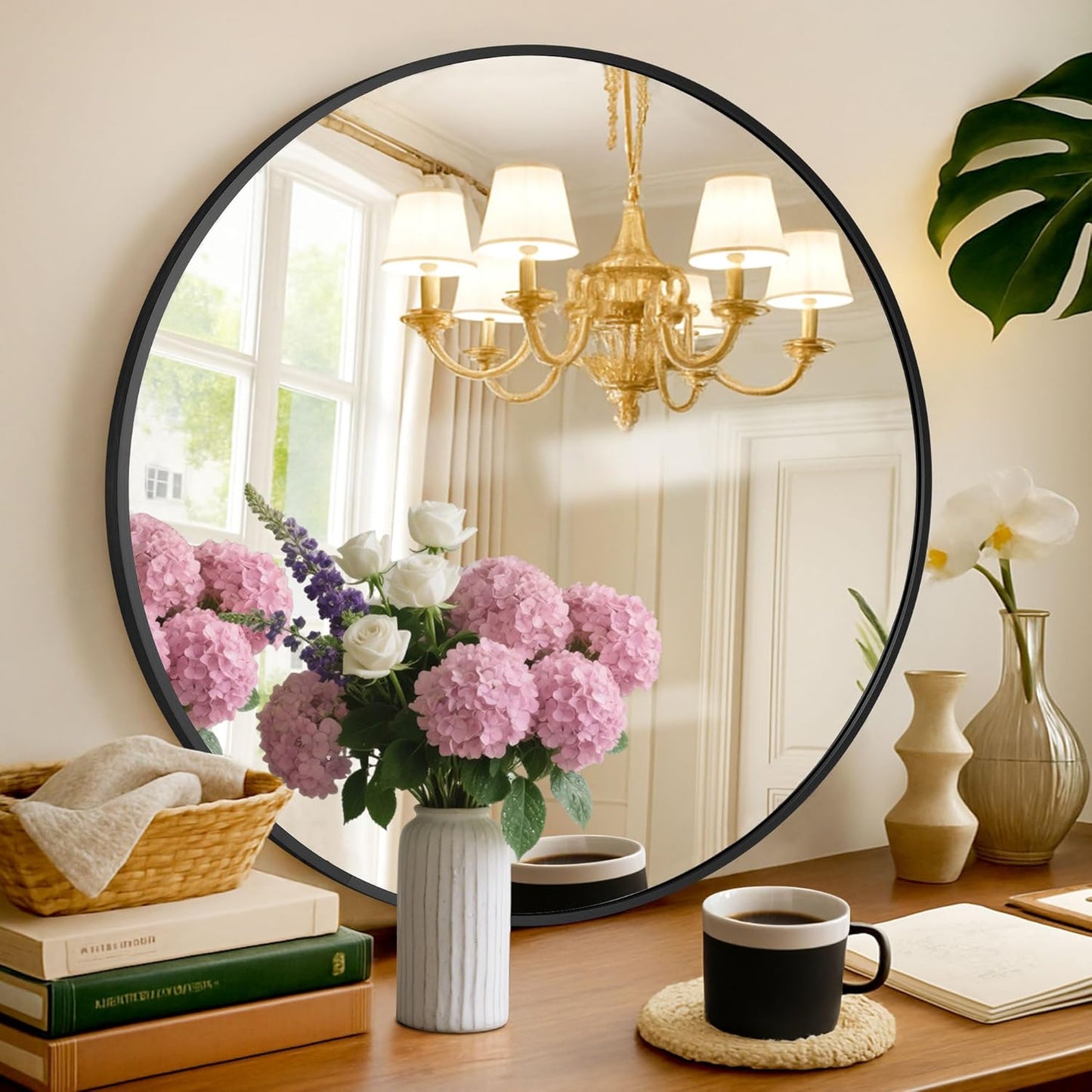 Round Mirror Black Frame 28 Inch Mirror Living Room Round Bathroom Mirrors Frosted Metal Frame Anti-Rust Tempered Glass for Bathroom Living Room Decorative