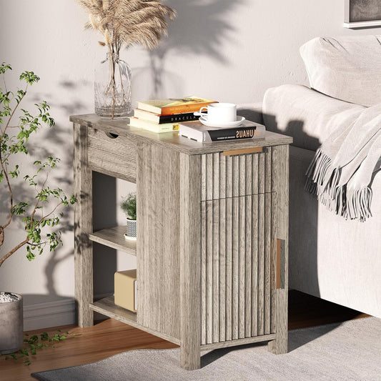 End Table with Charging Station 24'' Nightstand with Charging Station Vintage Side Table with Storage Wooden Sofa Side Table and Outlets Bedside Table for Living Room Office Bedroom (Grey)