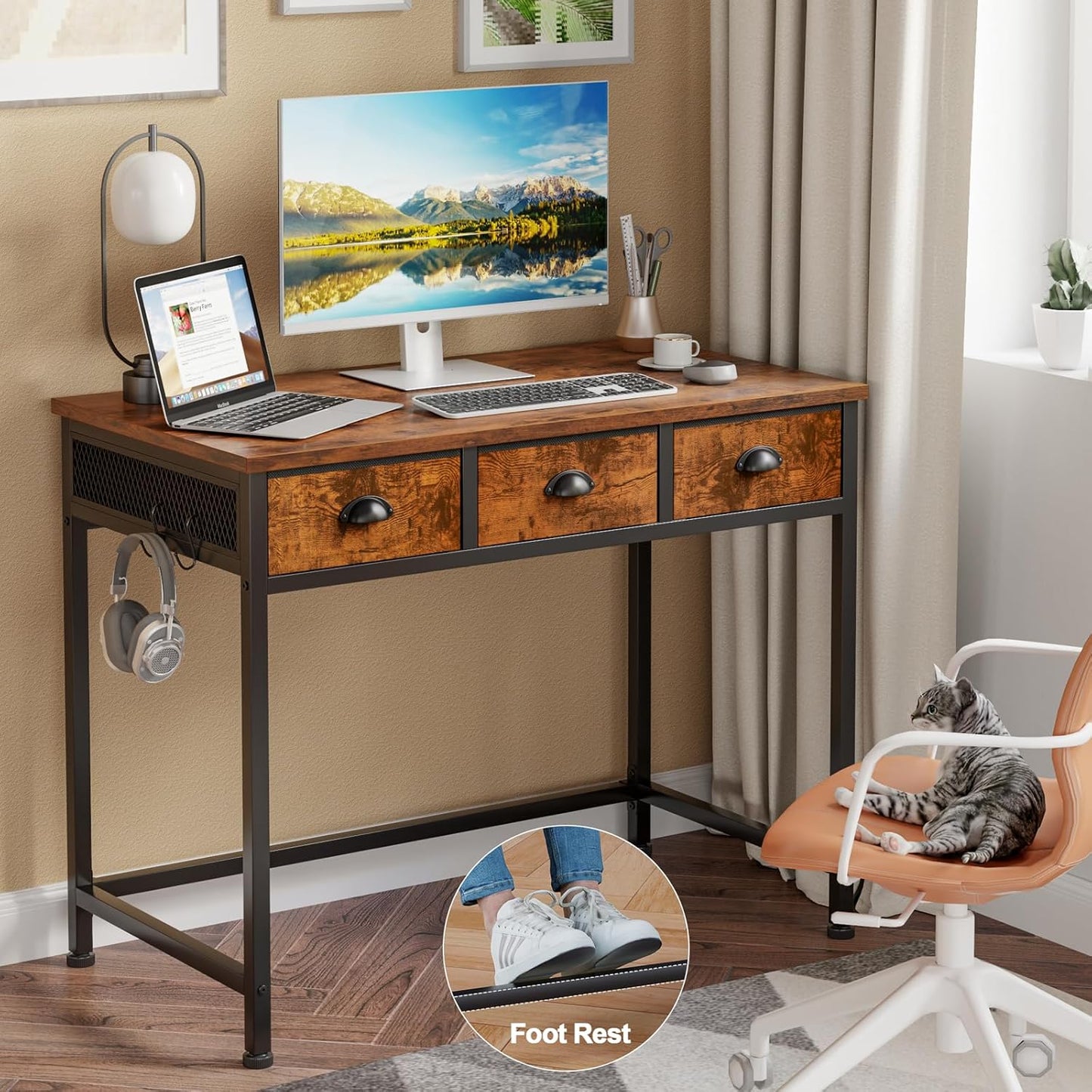 Furologee Small Computer Desk with 3 Fabric Drawers, 40 Inch Simple Home Office Desk, Writing Desk with Hooks, Study Table for Working Small Spaces, Makeup Desk for Bedroom, Rustic Brown